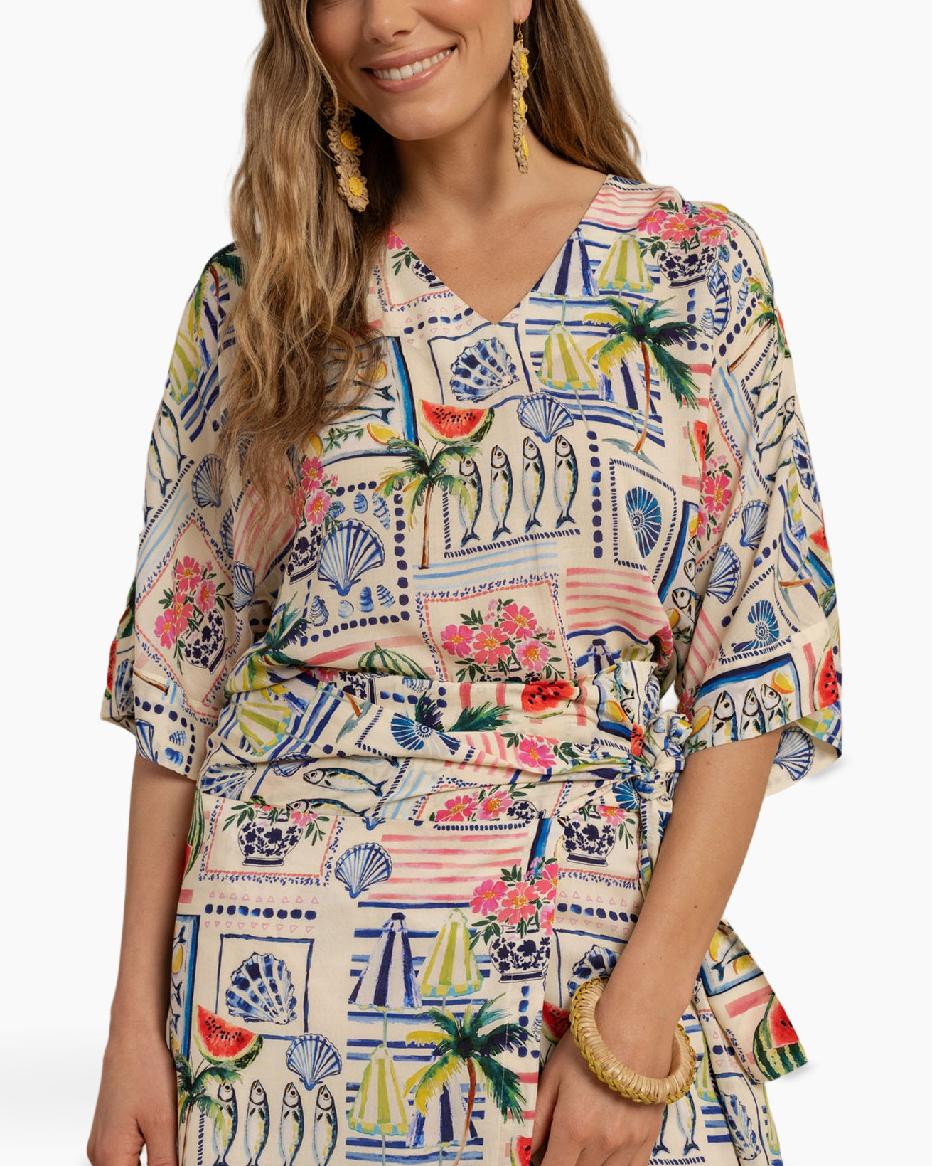 summer dress, kaftan, print, palm tree, beach pattern