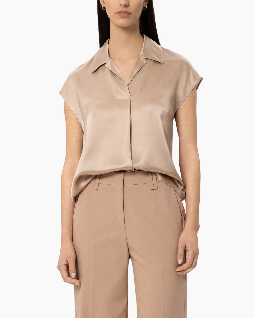zijde, blouse, beige, korte mouwen, kraag