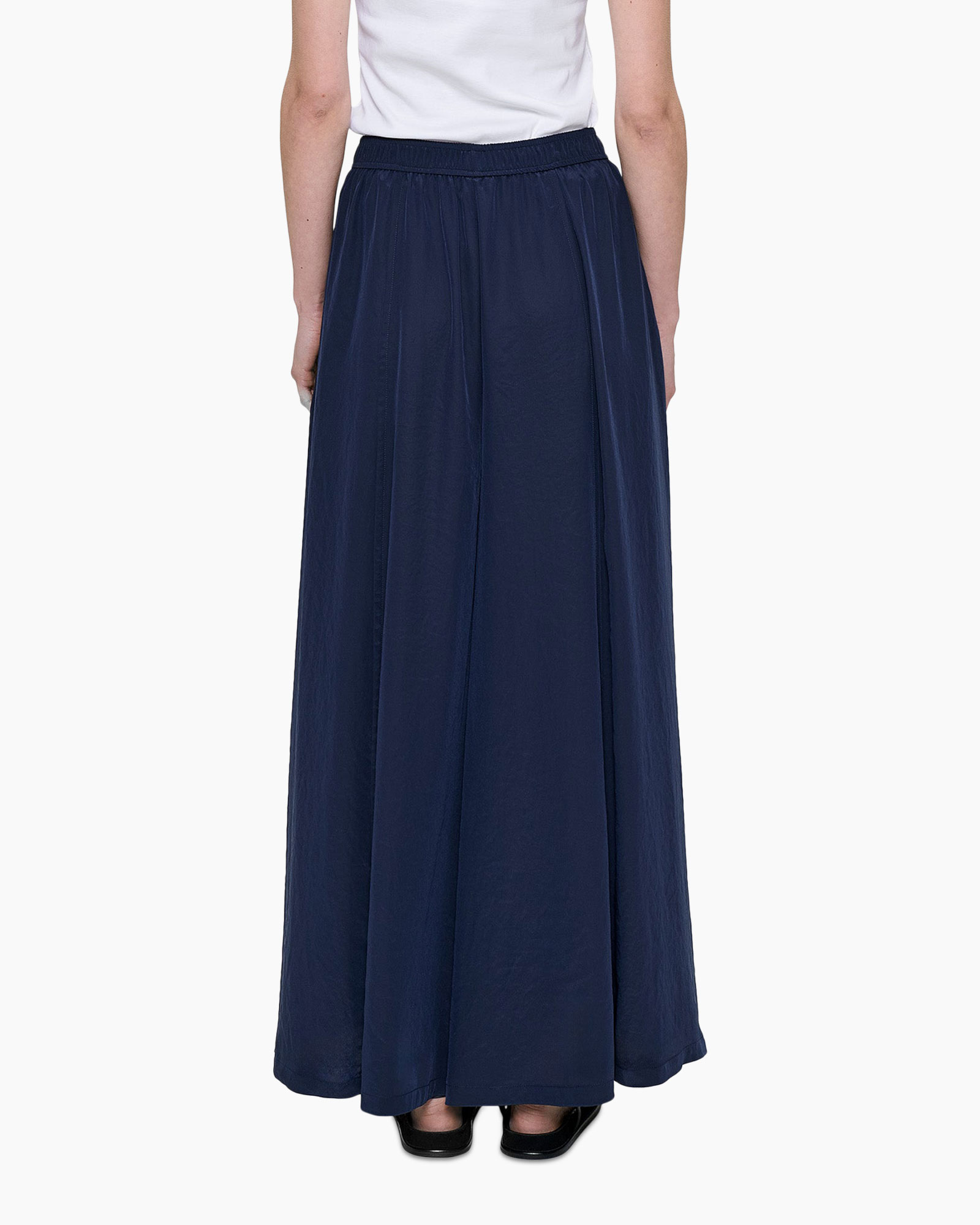 maxi rok, donkerblauw, elastische tailleband, midi/ankelang? actually ankle length, effen kleur