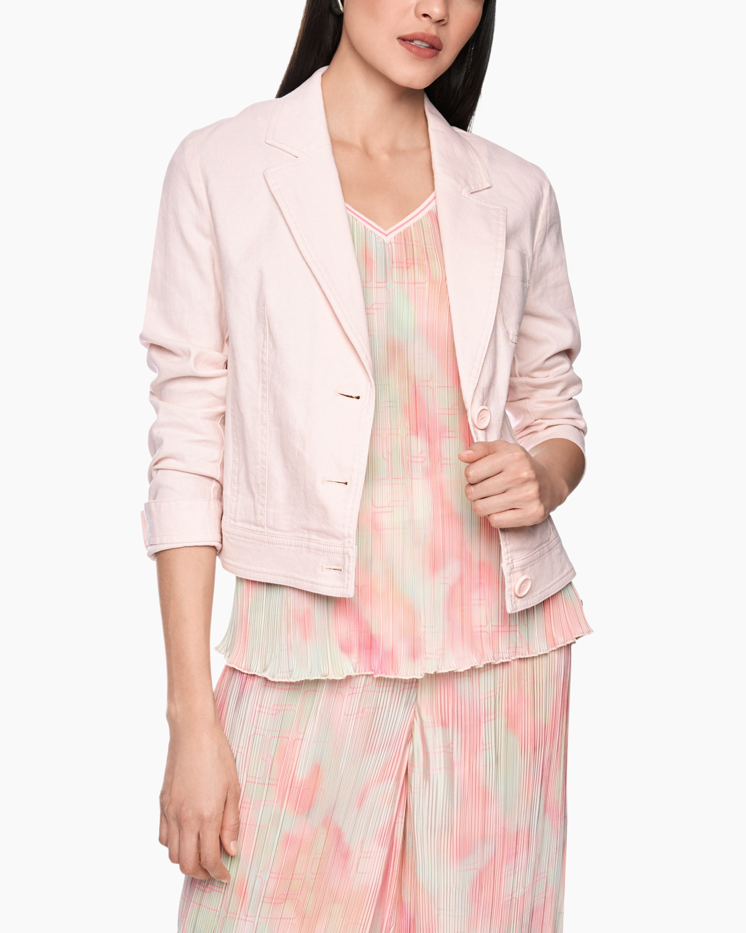blazer, light pink, long-sleeve, collared, two-button