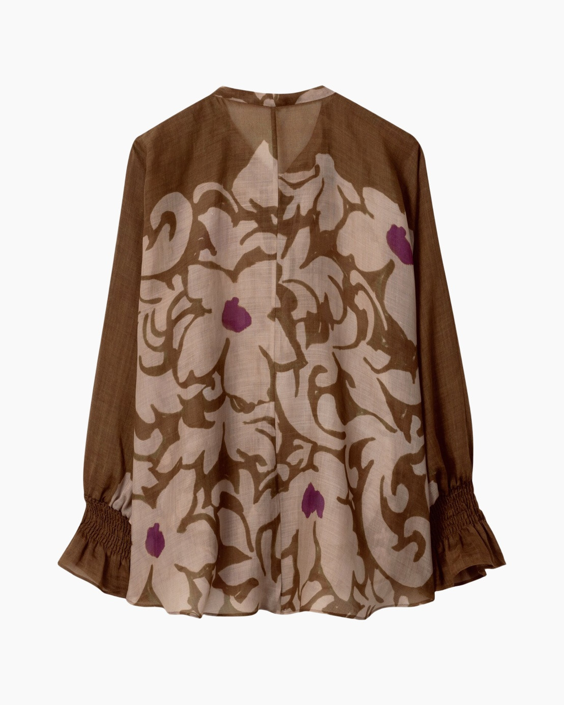 blouse, lange mouwen, bloemenmotief, bruin, linnen-achtig