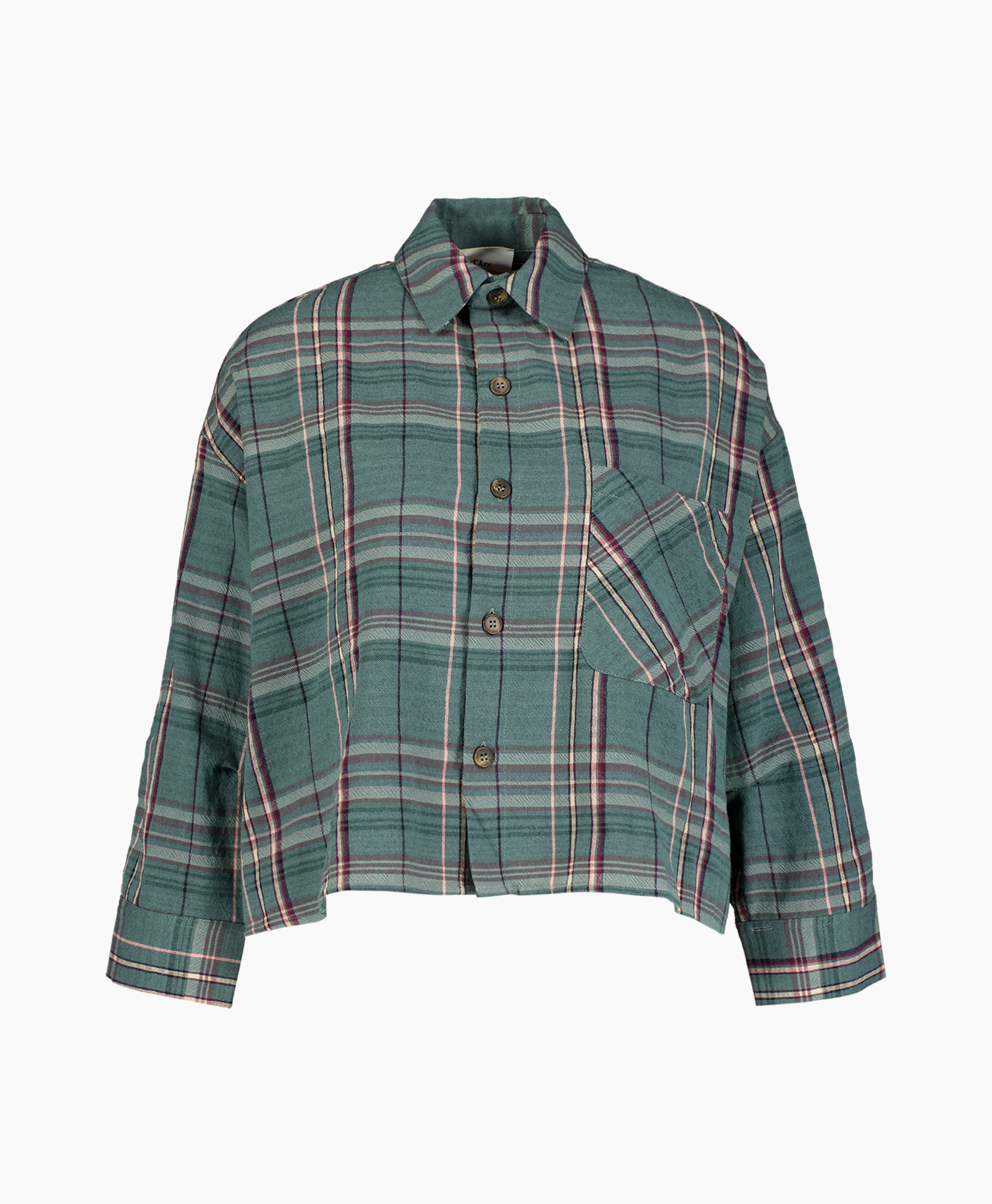 flanel, ruitjes, knopen, kraag, zak