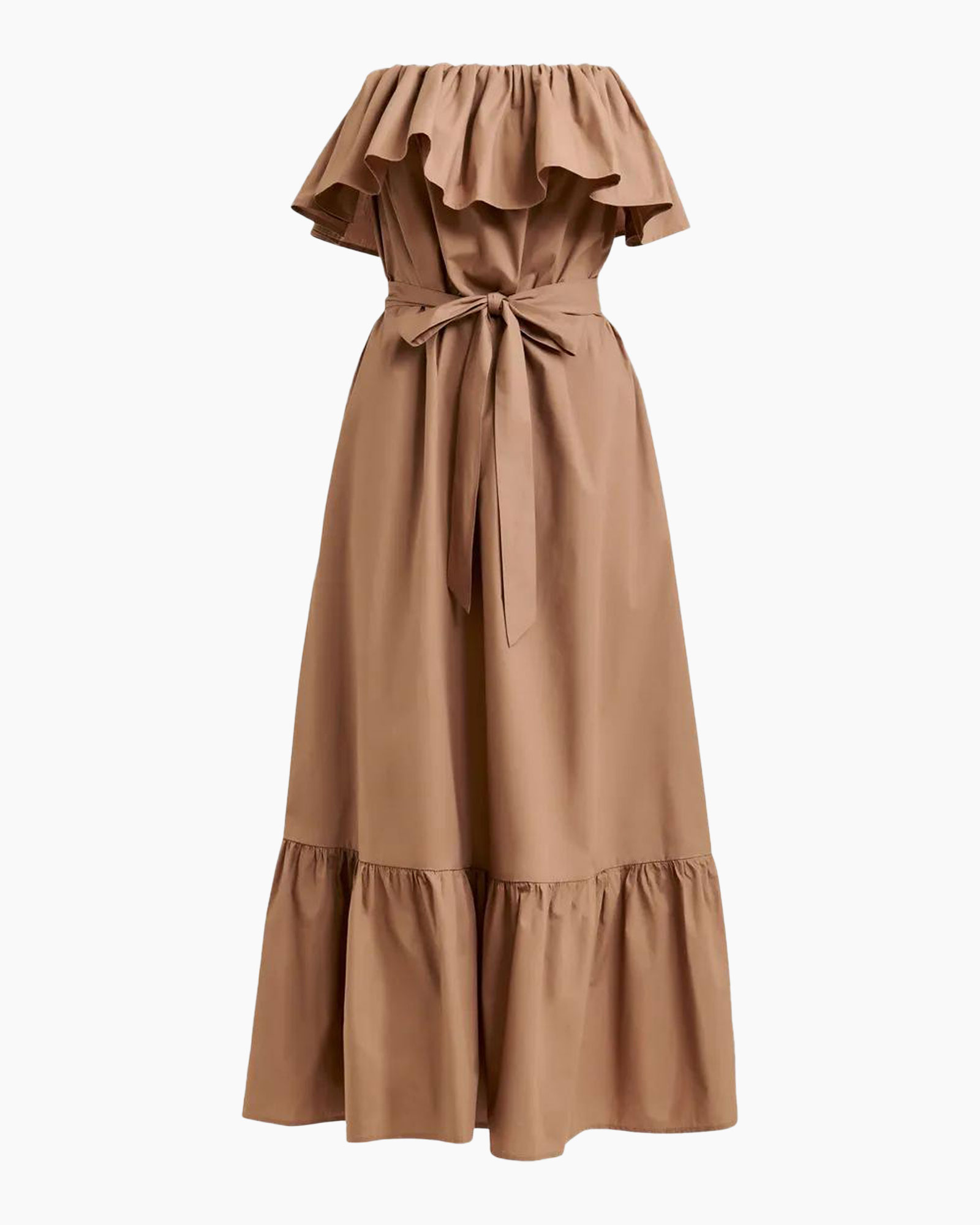 dress, off-shoulder, linen-like, brown, belted