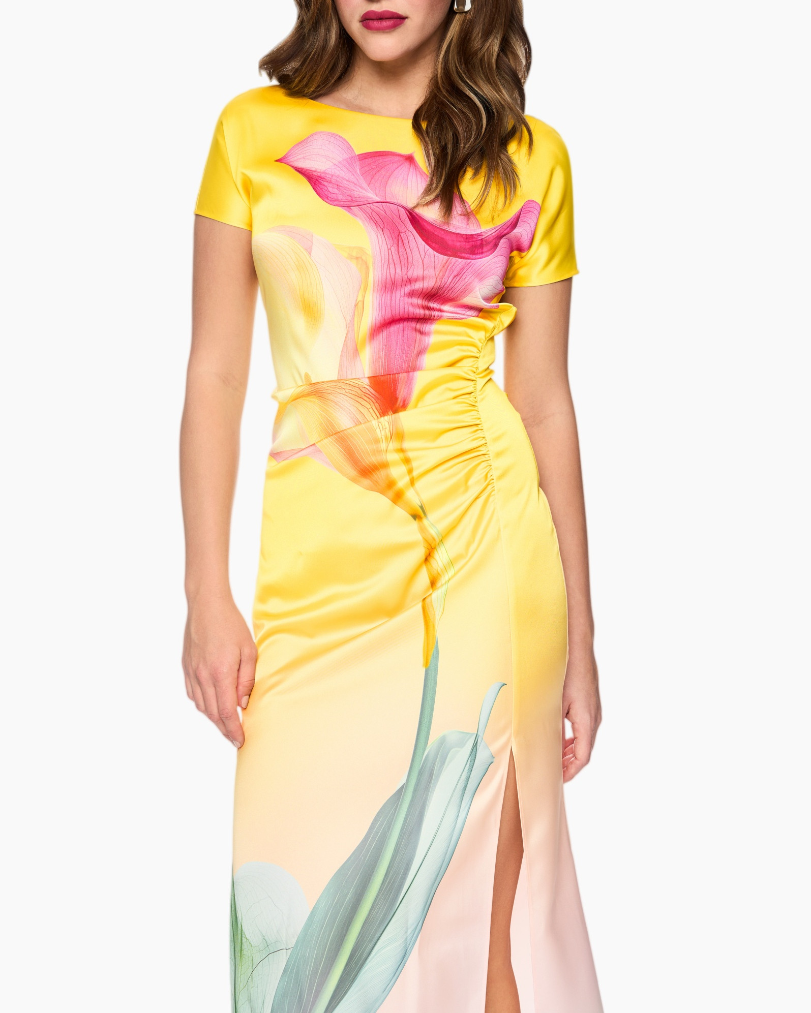 dress, midi dress, floral print, ruched, slit