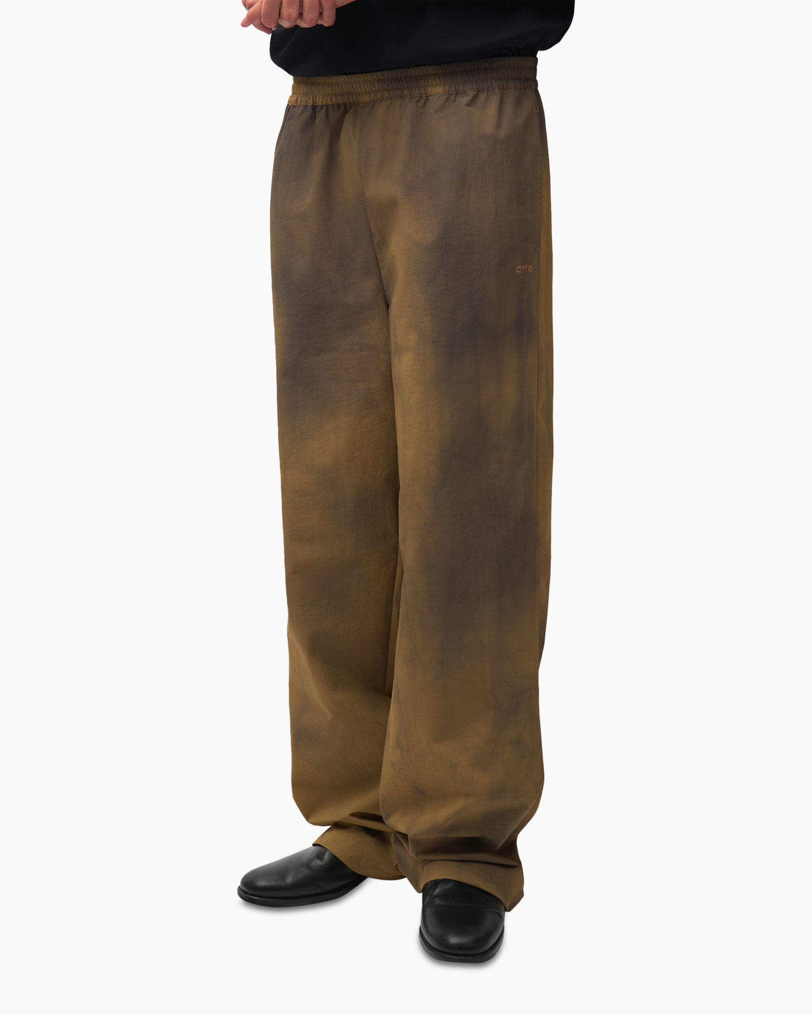 broek, broek, bruin, wijd, elastische taille