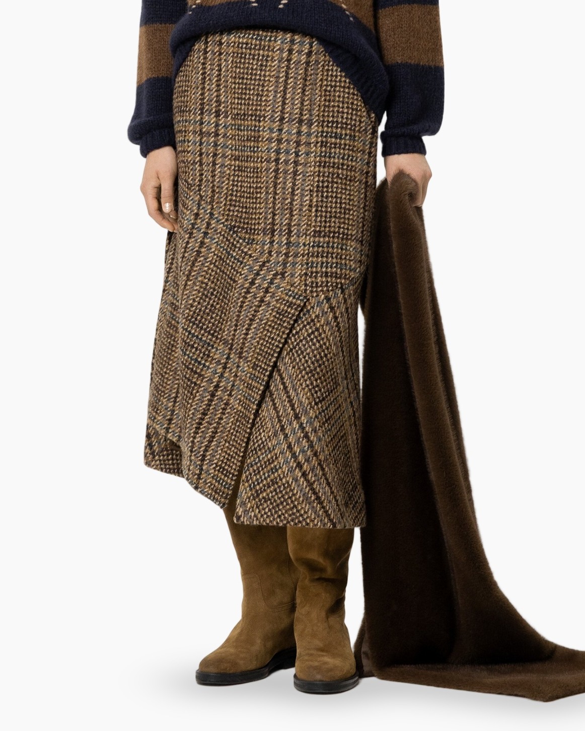 ruitkant rok, tweed, enkellengte, laarzen, trui