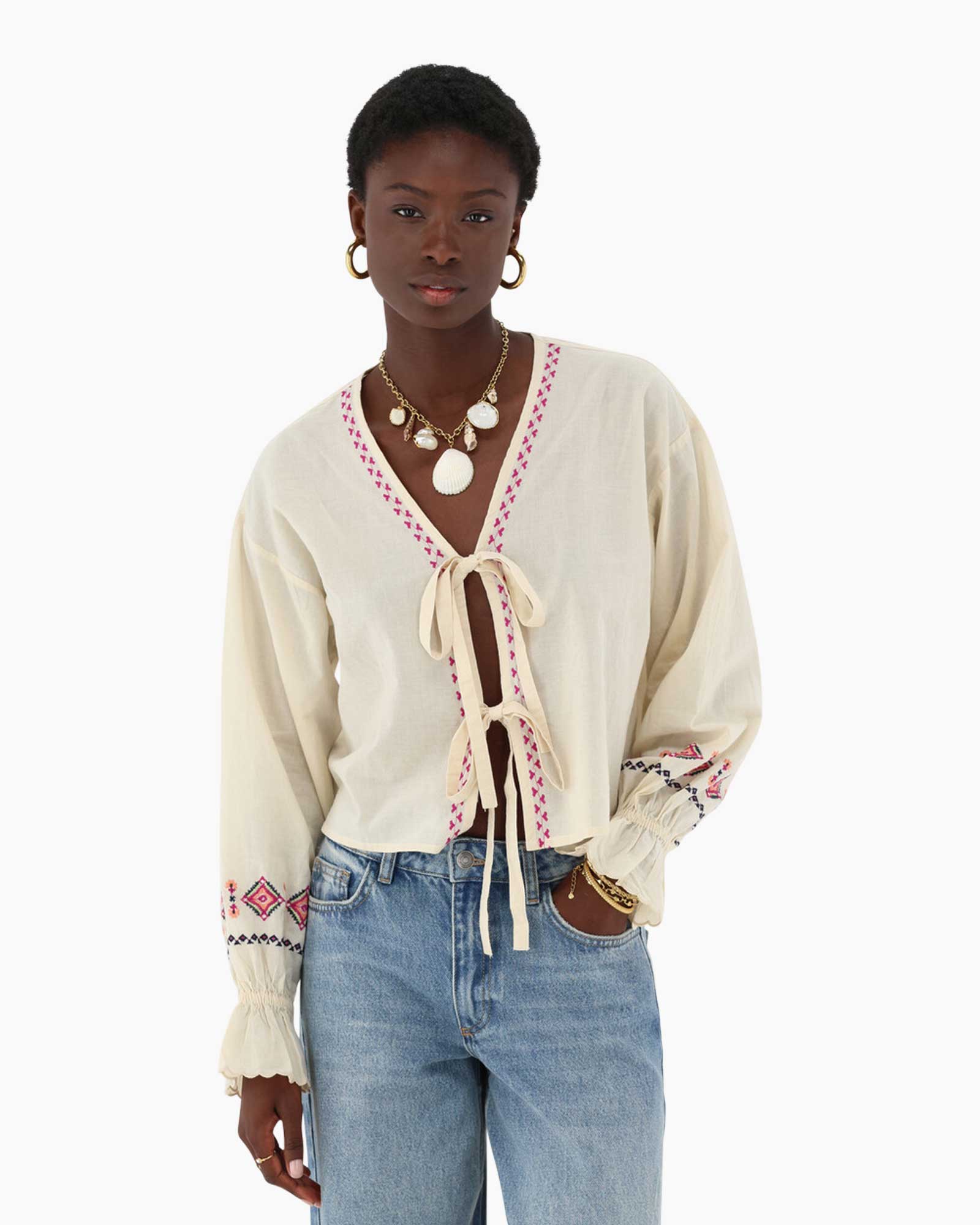 Top With Bows And Embroidery Beige