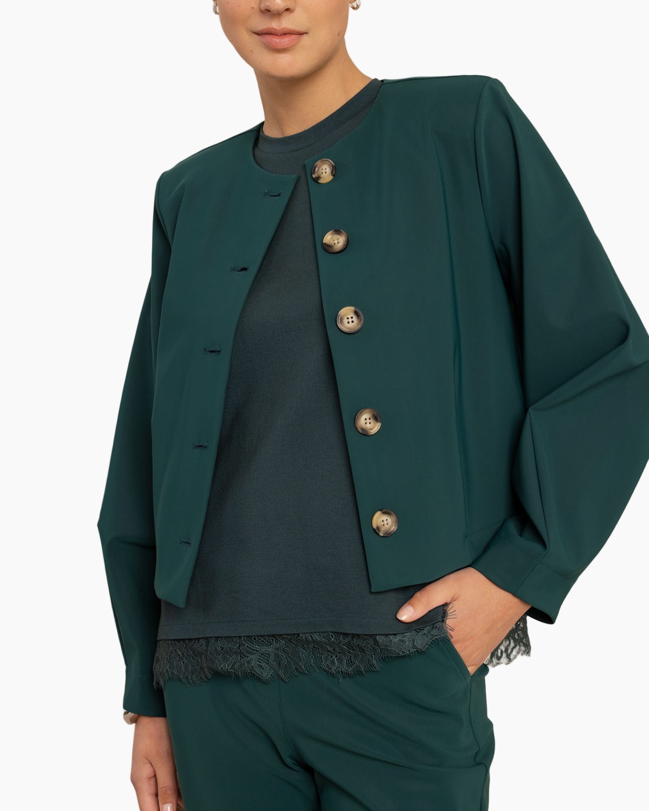 groene jas, knopen jas, lange mouwen, donkergroene, casual pak