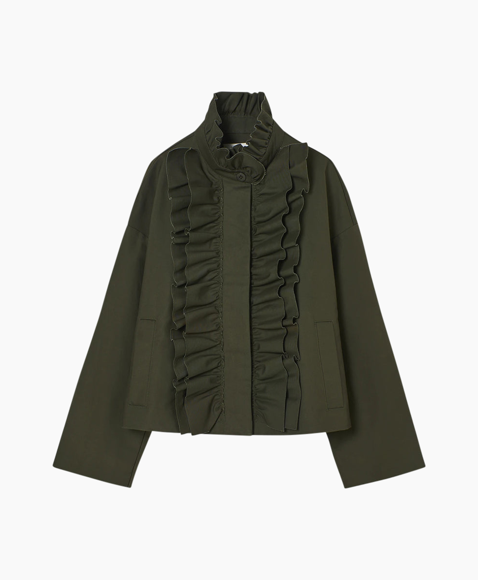 jas, olijf, applicatie, frill, lange mouw