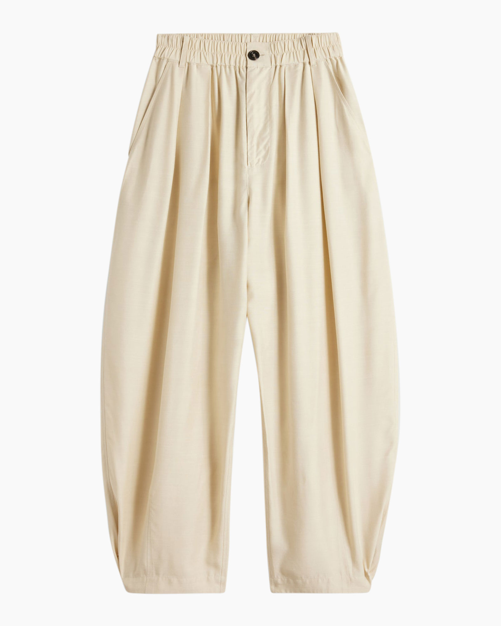 broek, beige, elastische taille, plooien, losse pasvorm