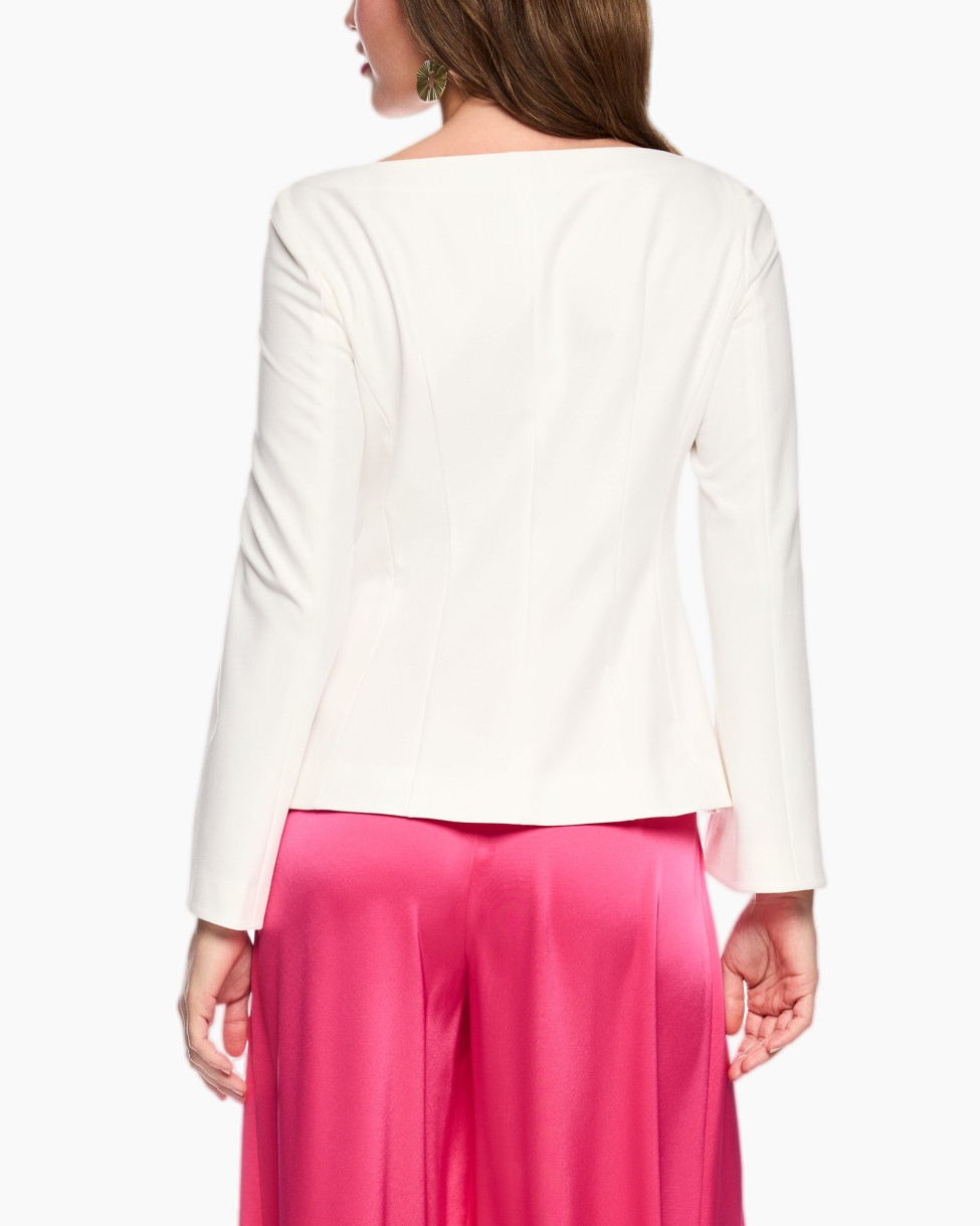 white blouse, buttoned top, pearl buttons, pink belt, pink trousers