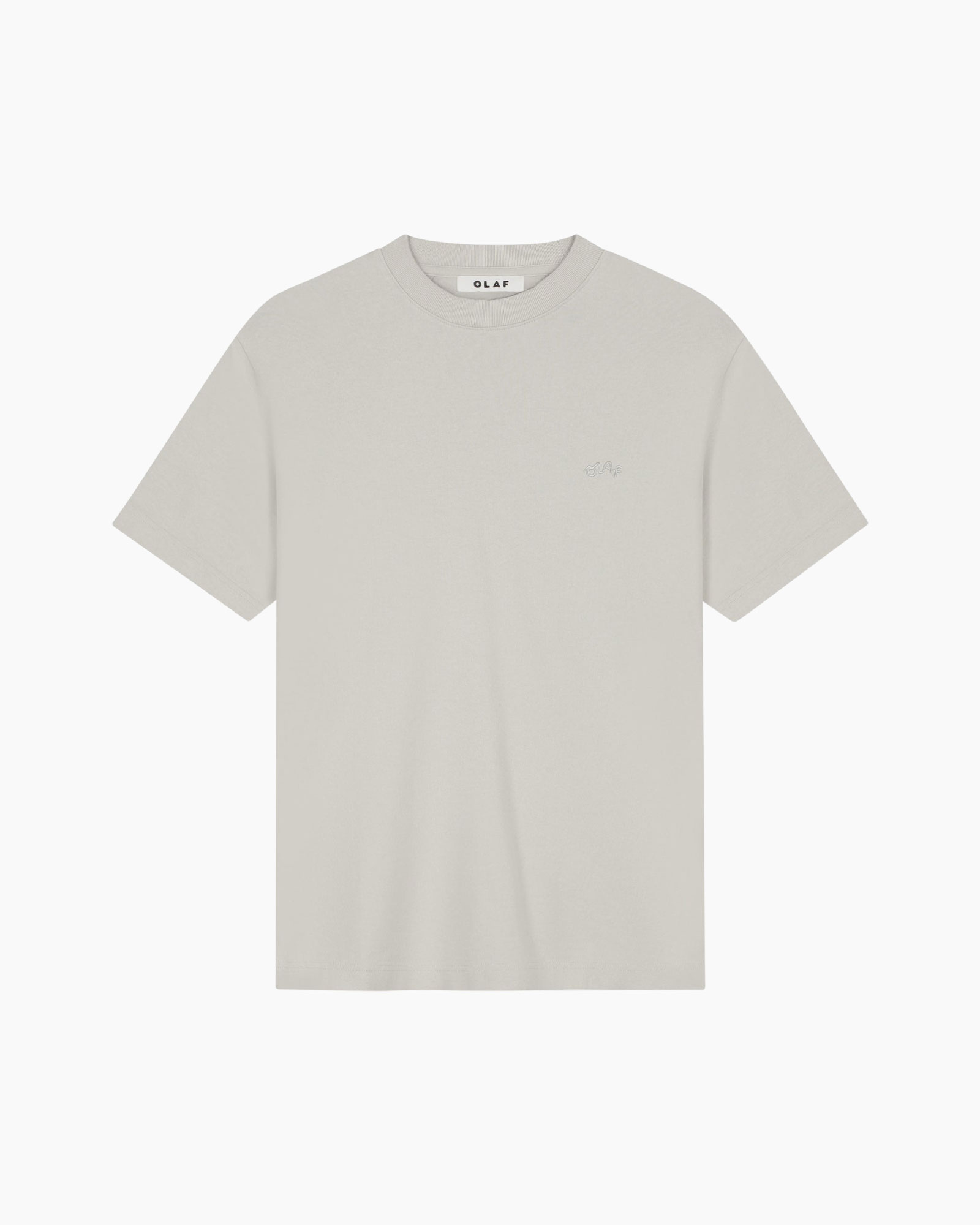 t-shirt, kraagloze ronde hals, korte mouwen, beige, minimal logo