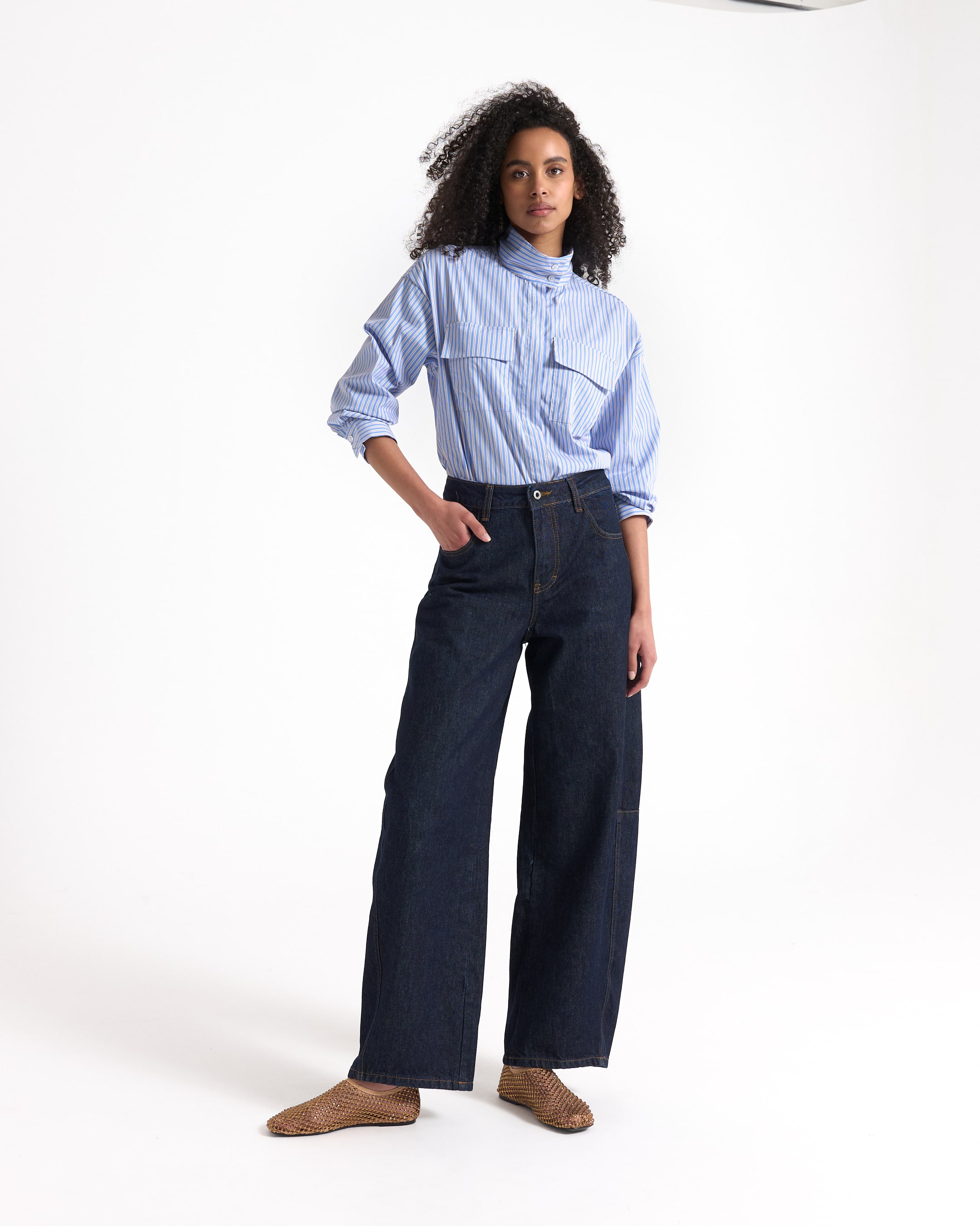 striped shirt, button-down, blue, polo, wide-leg jeans