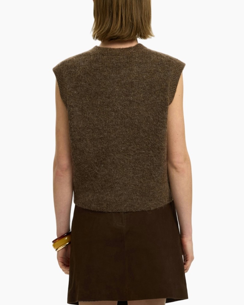 gebreide vest, bruin, mouwloos, knopen, tas accessoires