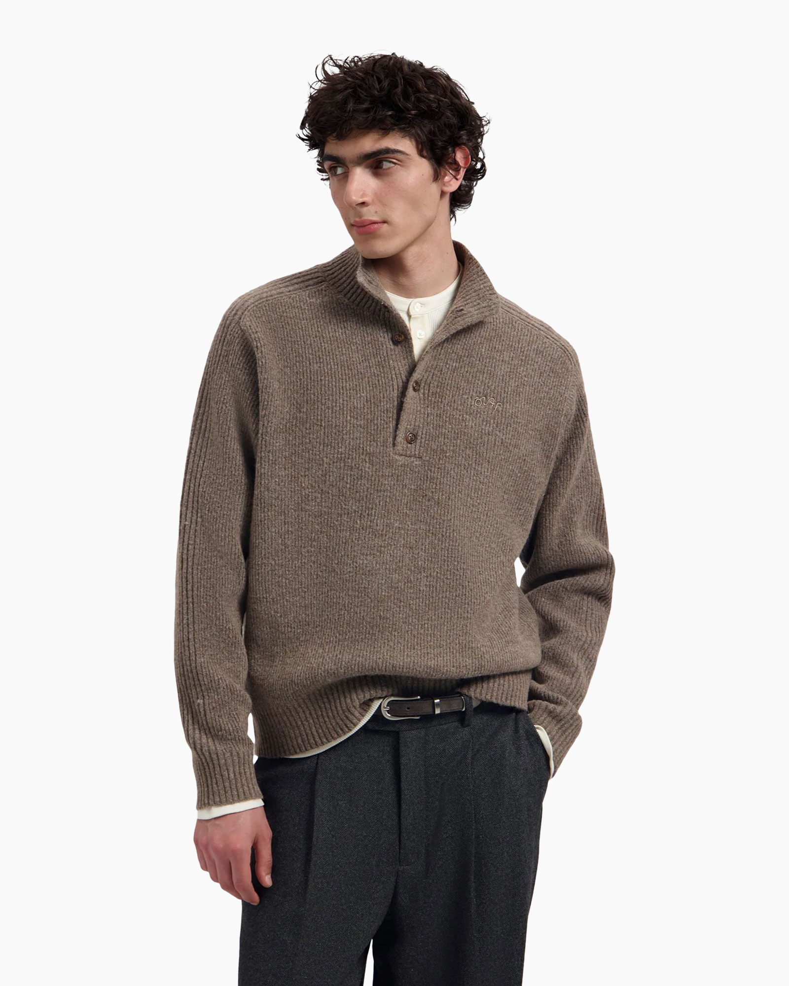 breisel trui, kraag polo, beige, lange mouwen, pullover