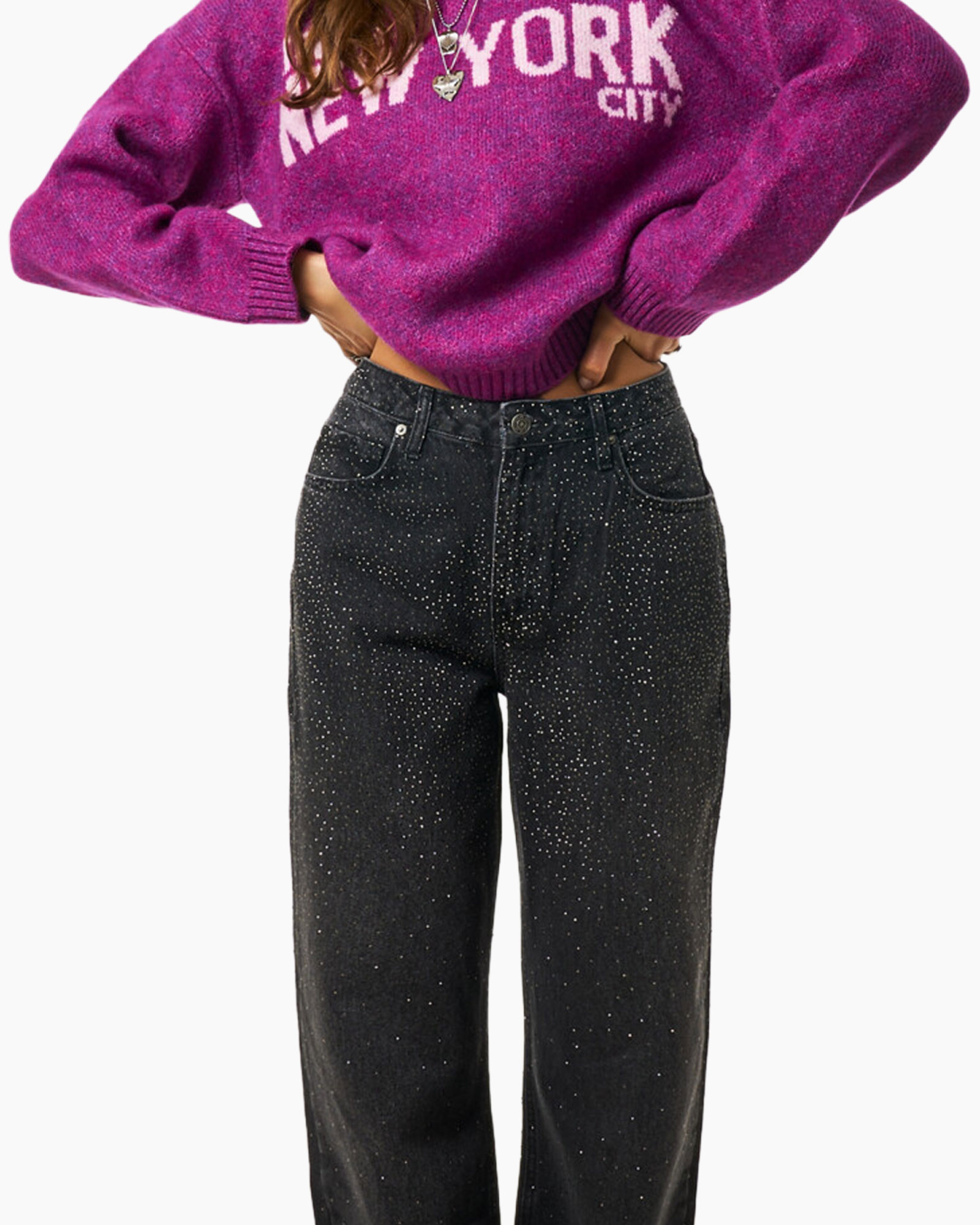 Broek Black Jeans With Strass Zwart