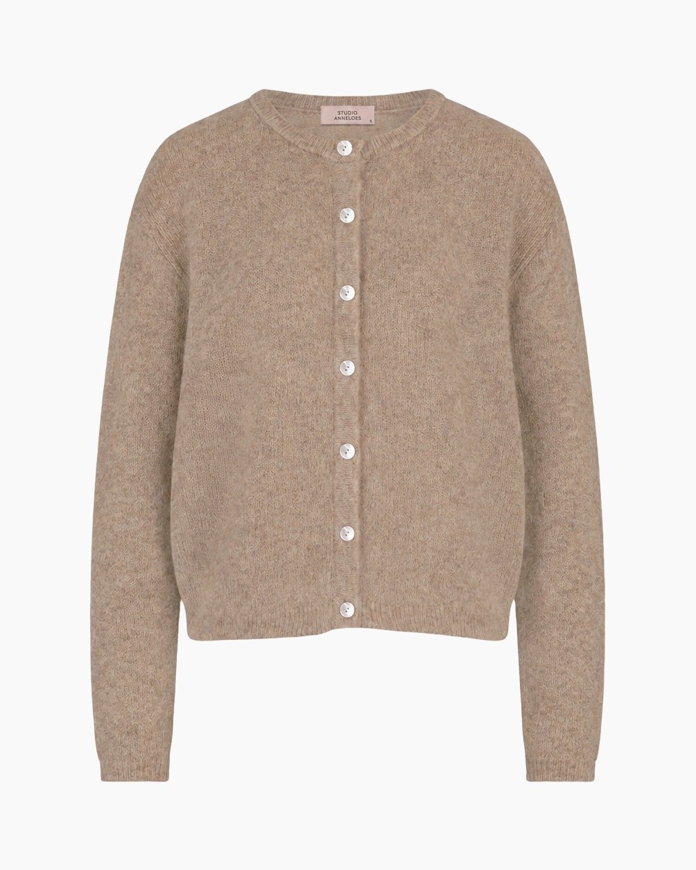 cardigan, breiptrui, beige, knopen, rundhals