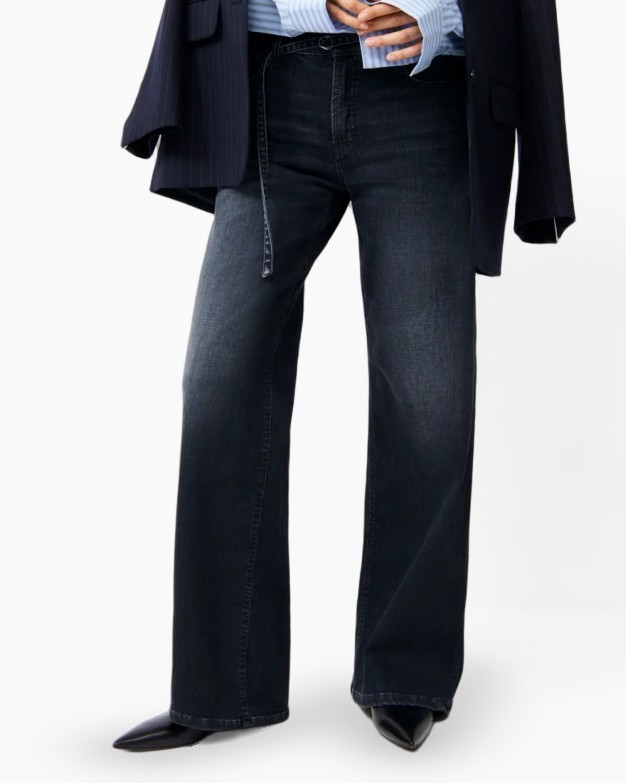 spijkerbroek, wijde pijpen, donkere wassing, hoge taille, denim