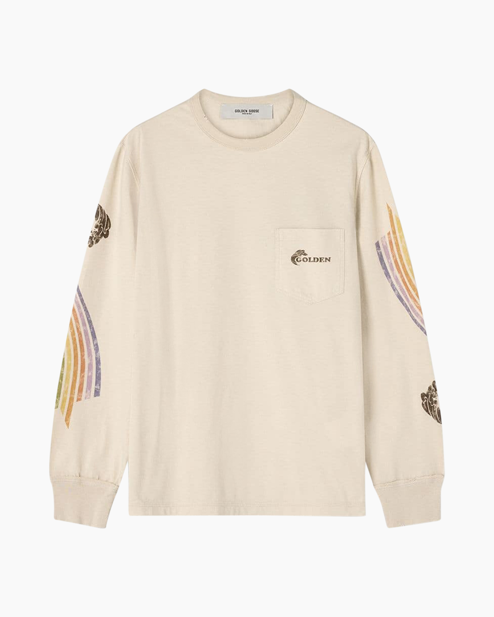 lange mouwen, crème, zak, regenboog boog, mouwen met grafische print