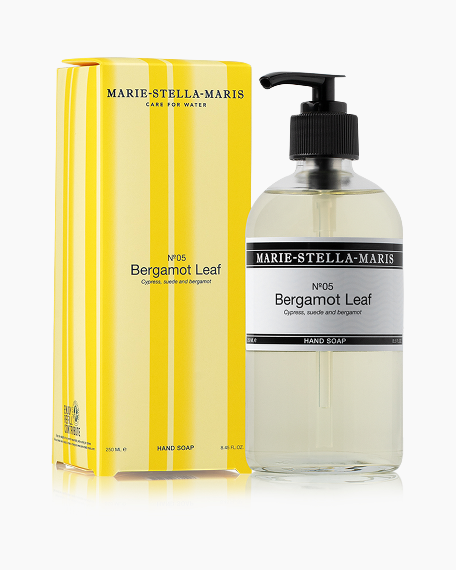 handzeep, bergamot, blad, helder fles, pompdispensner