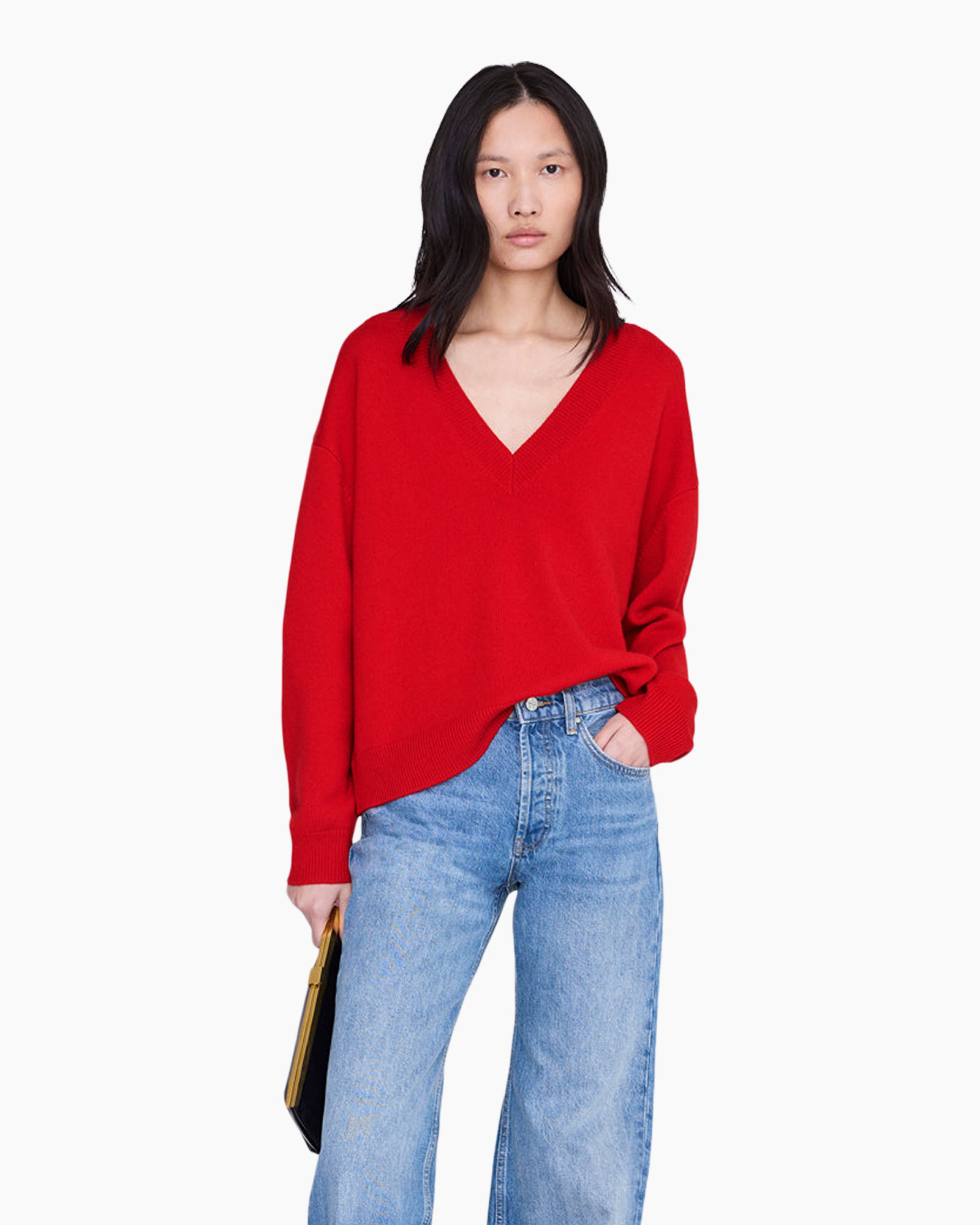 trui, koraalrood, v-hals, breiwerk, pullover
