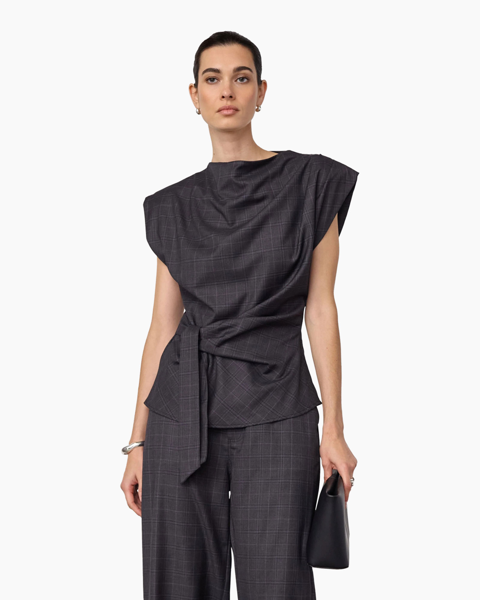 top, gedeclareerde top,  wrap taille, ruches, geruite patroon