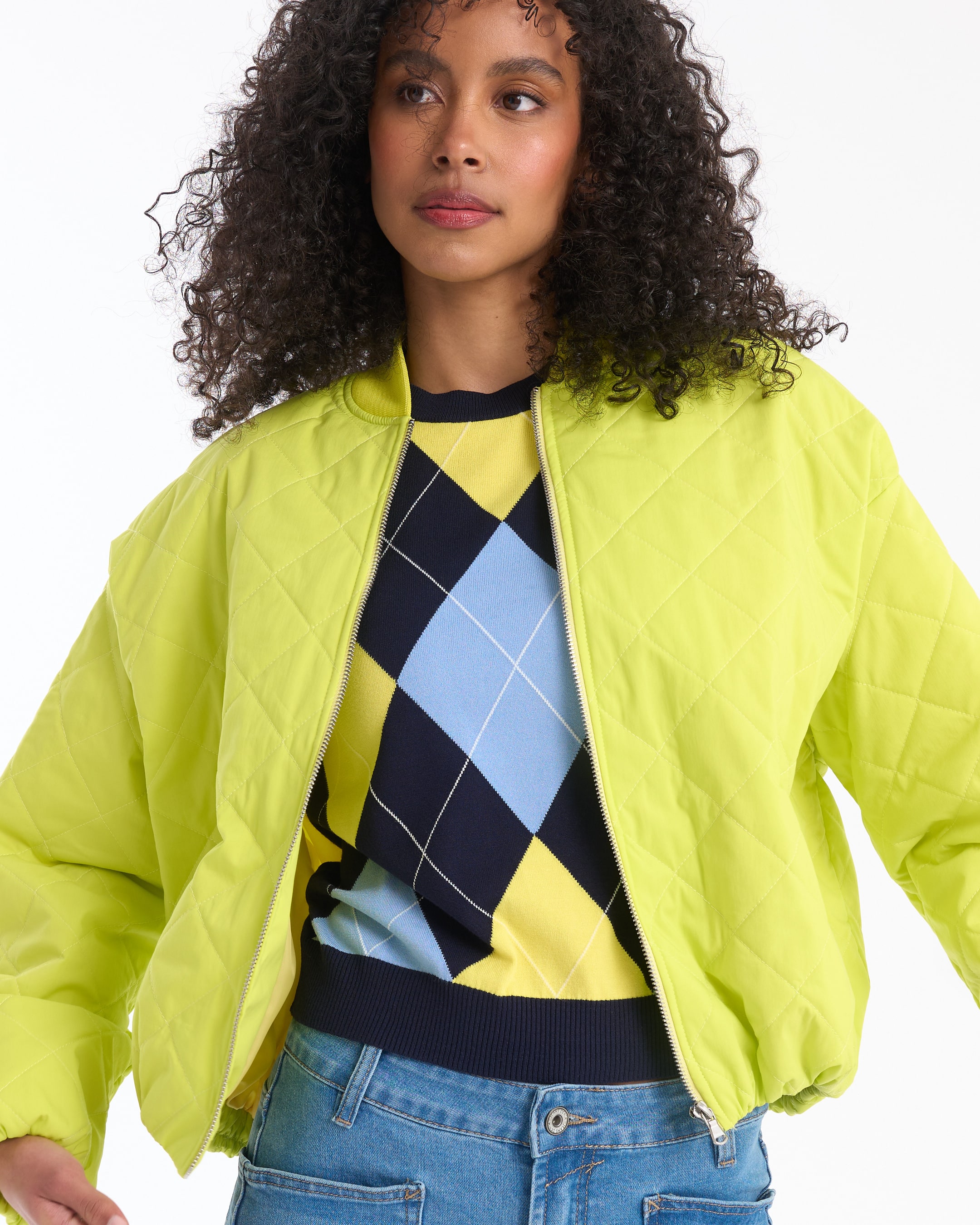 neon jacket, padded jacket, argyle sweater, color block, zip closure