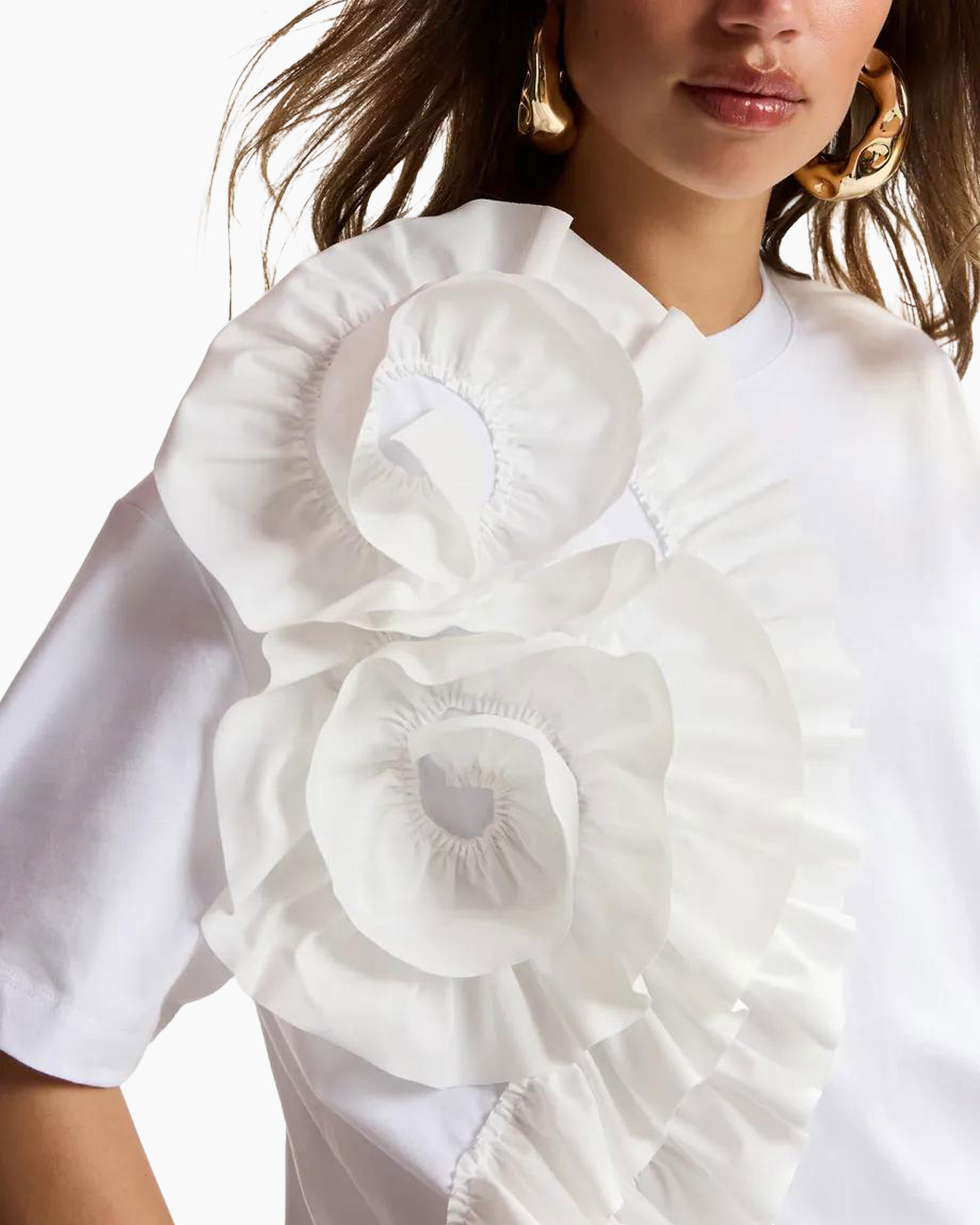 white, ruffle, blouse, applique, earrings