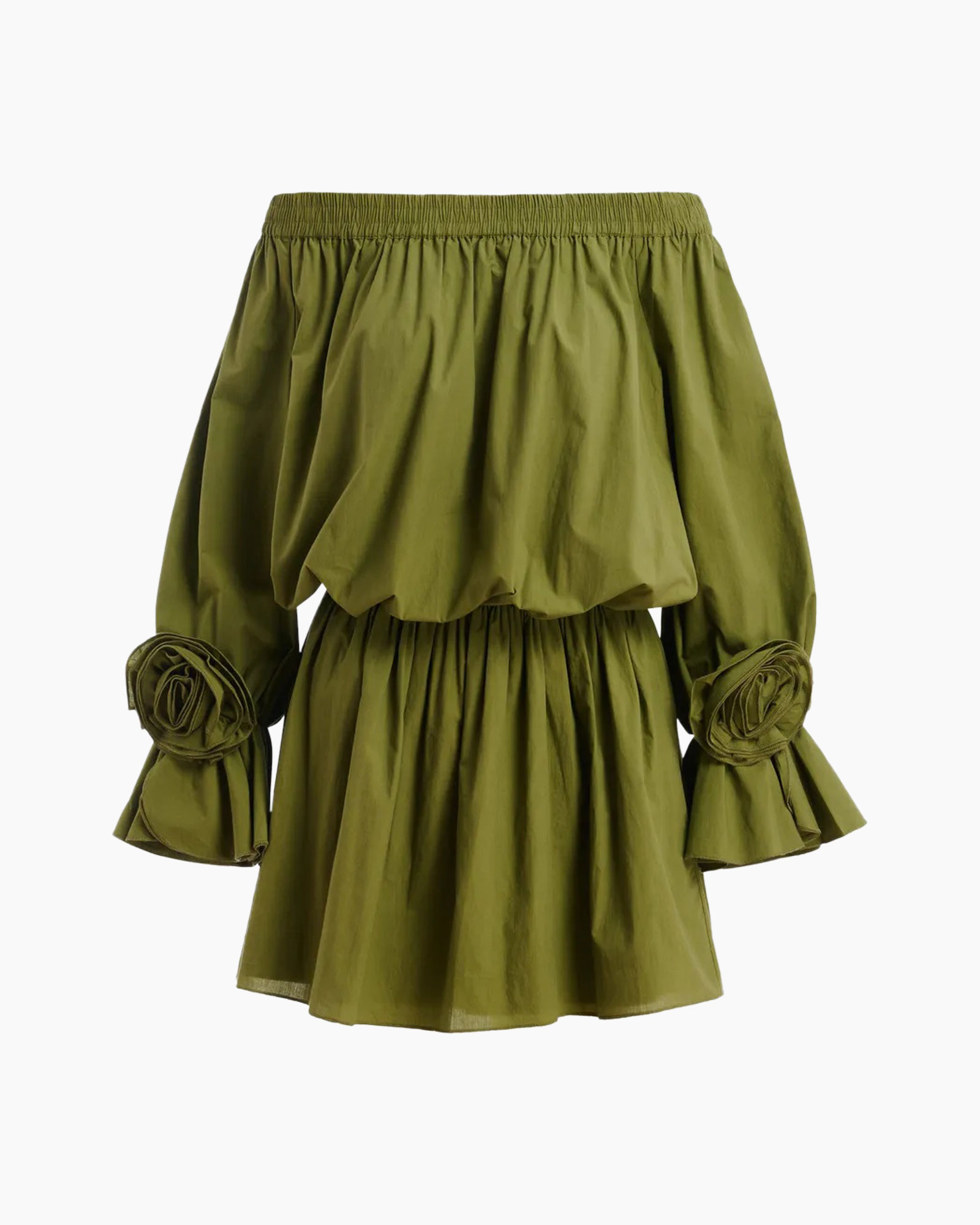 jurk, off-shoulder, groen, gerimpelde stof, rameerige mouwen