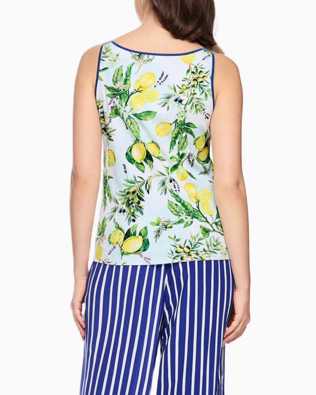 tank top, lemon print, floral print, strap detail, striped pants