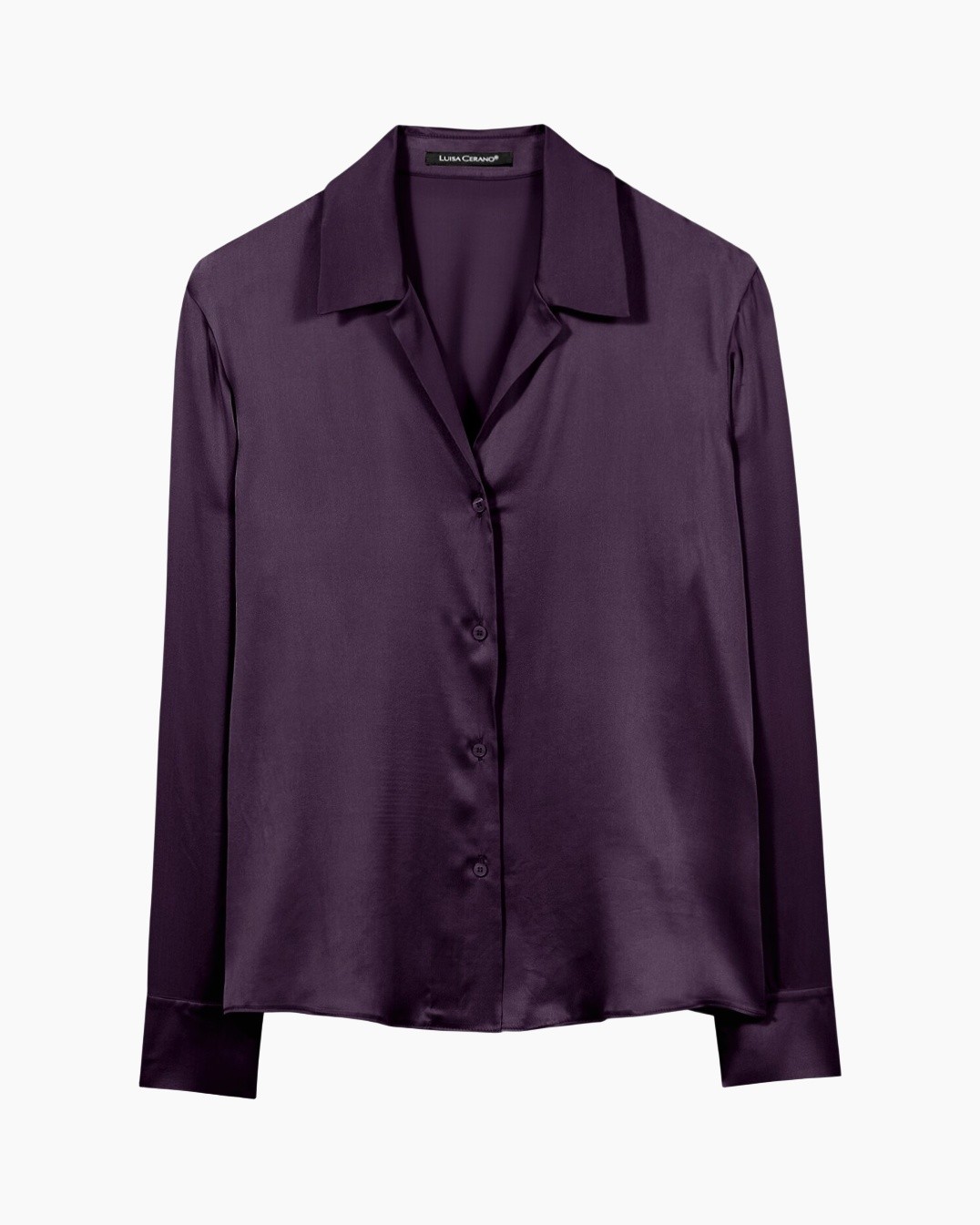 zijde, blouse, knopen, paars, lange mouw