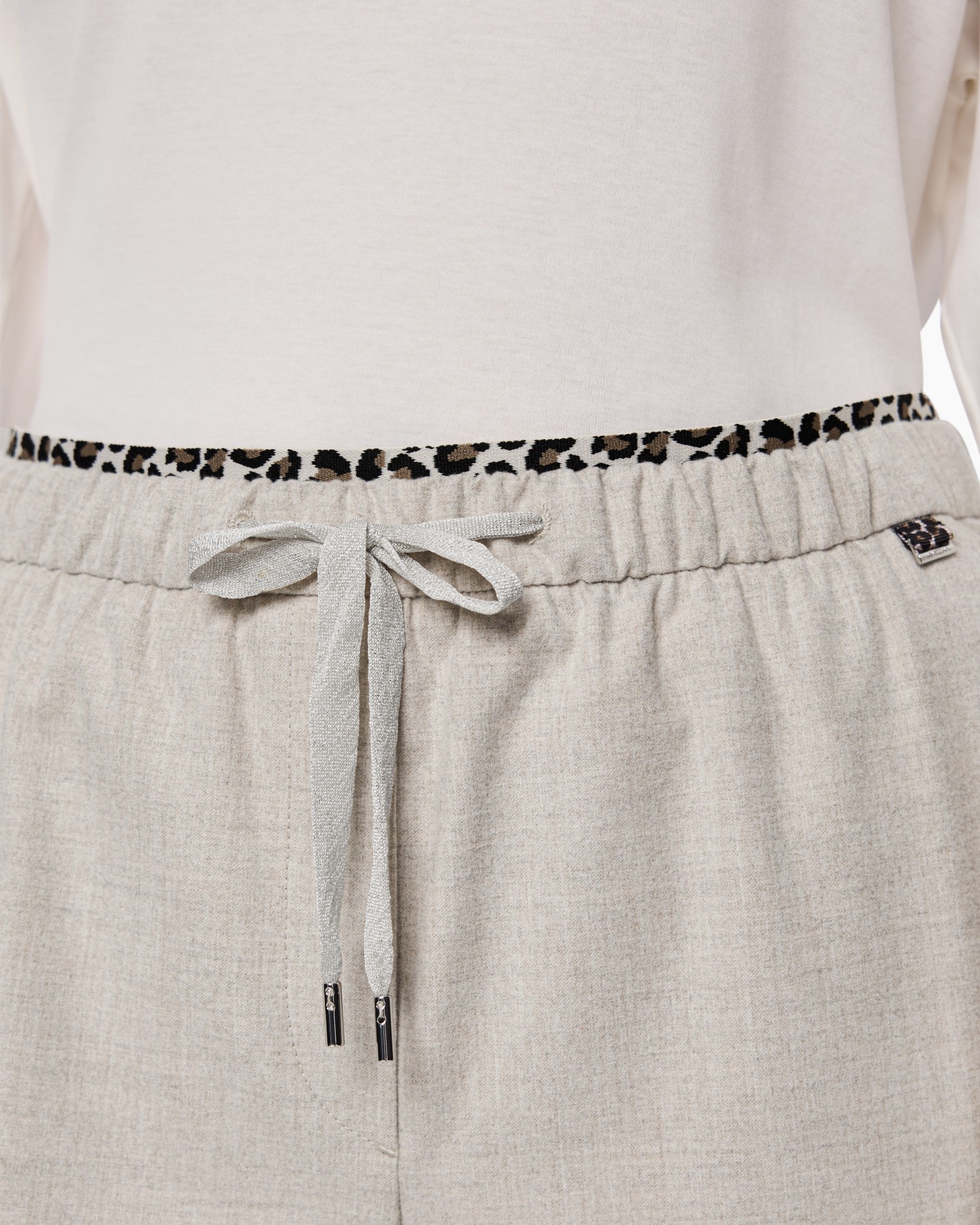 Broek, Beige, Taille met trekkoord, Luipaardprint tailleband