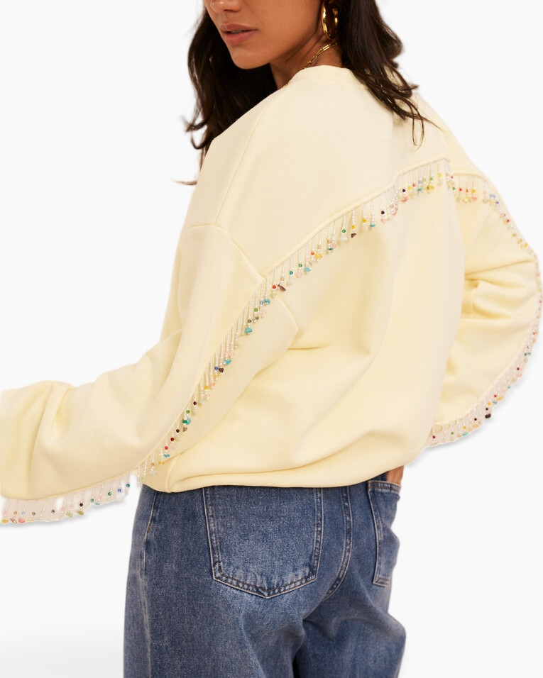 sweatshirt, beige, versierde, kralenrand, lange mouwen