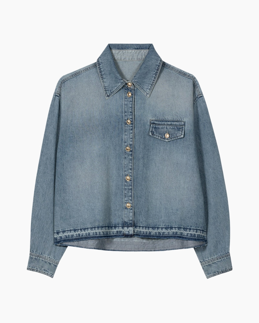 denim, hemd, jeansstof, knopen, zak