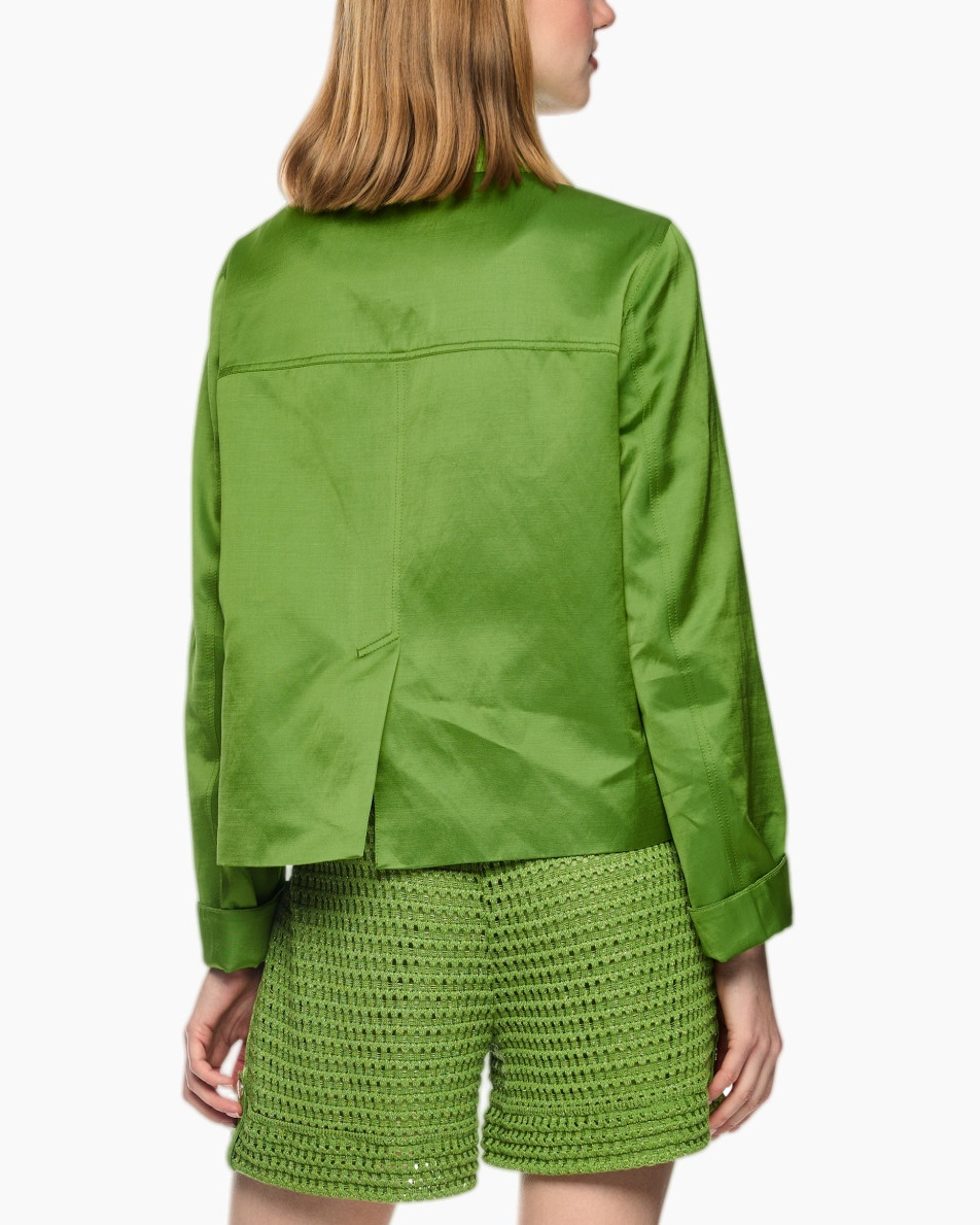 green jacket, button-front, long-sleeve, pocketed, knit shorts