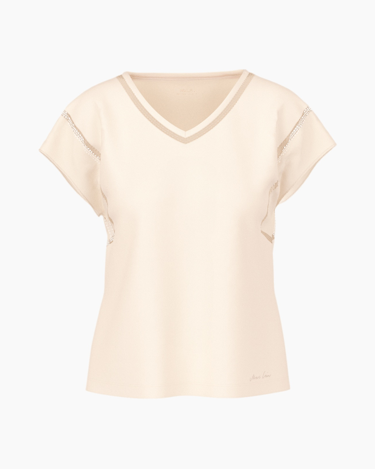 halslijn-v-neck, korte mouwen, beige, t-shirt, afwerking rand