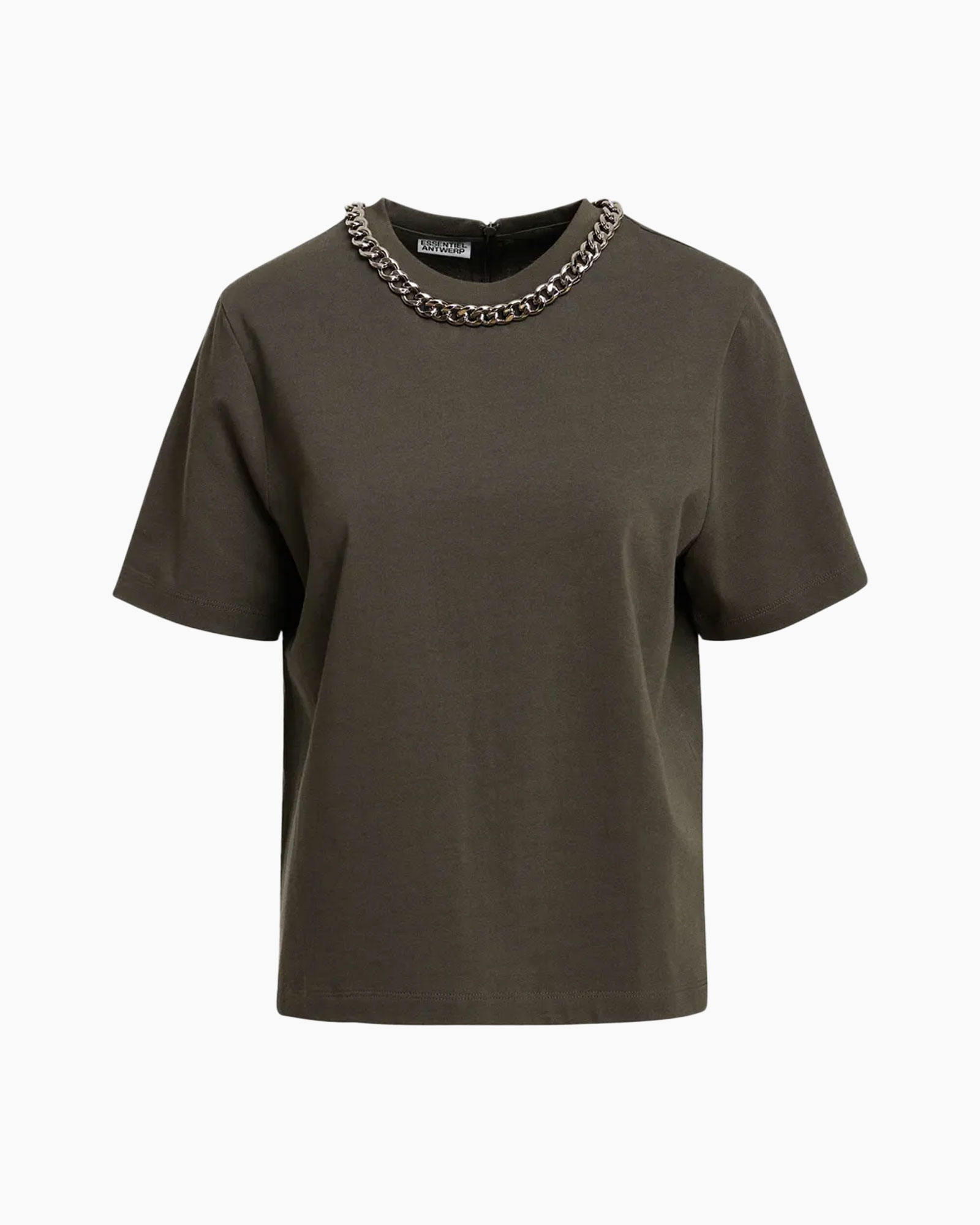 t-shirt, korte mouw, olijf, ketting, effen