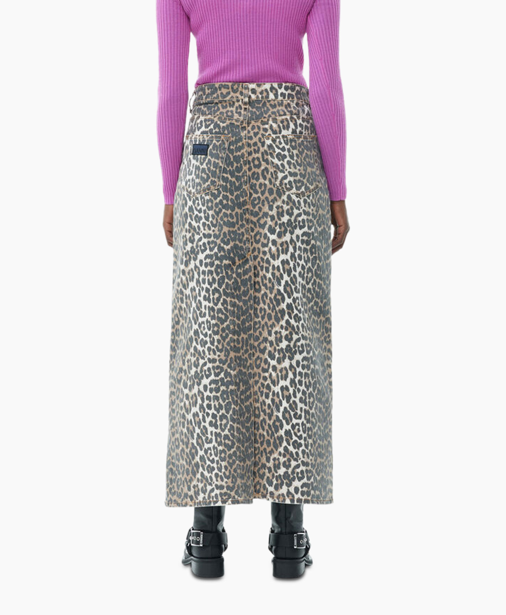 Midi Rok Print Denim Maxi Slit Bruin