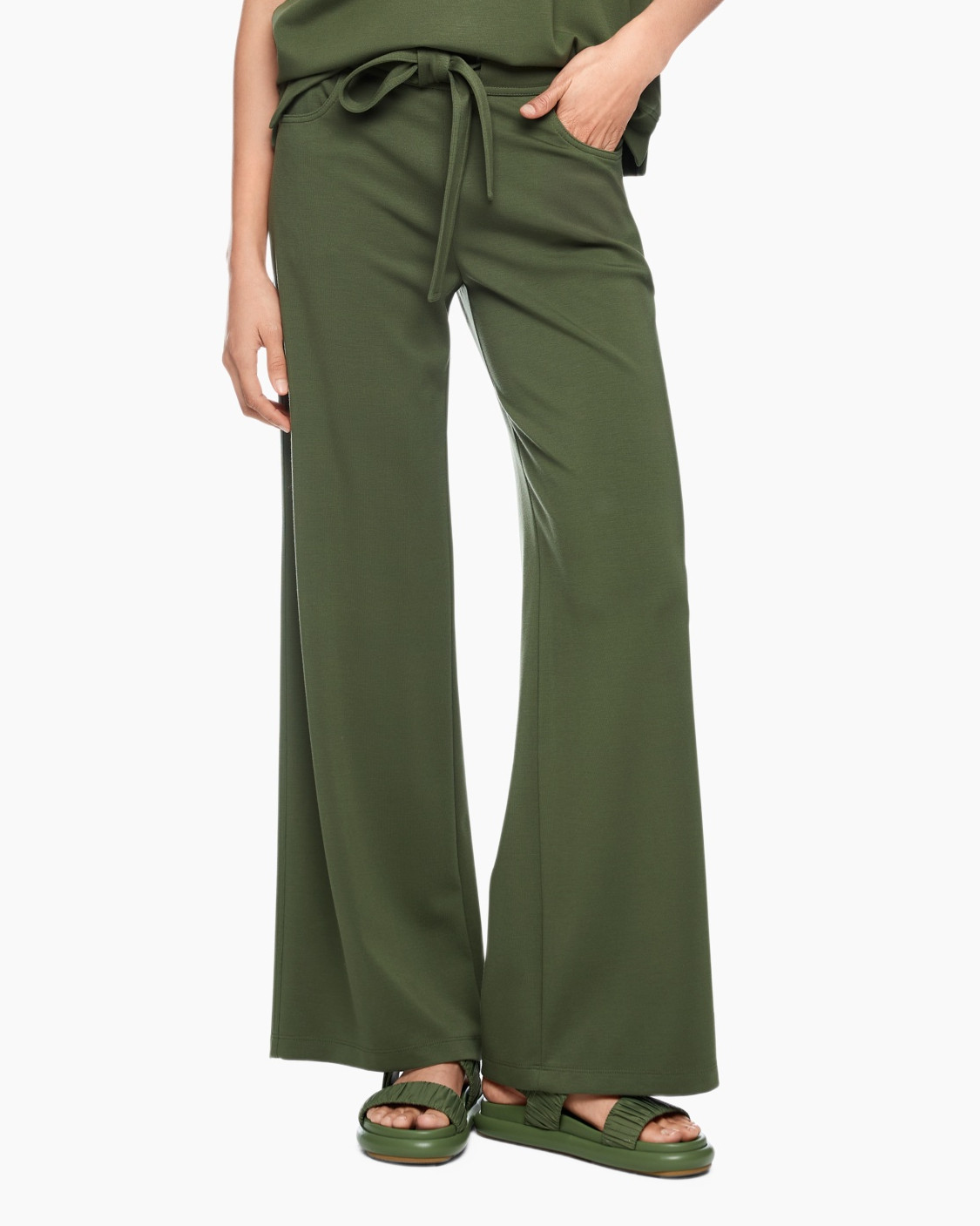 olive, wide-leg, pants, drawstring, sandals