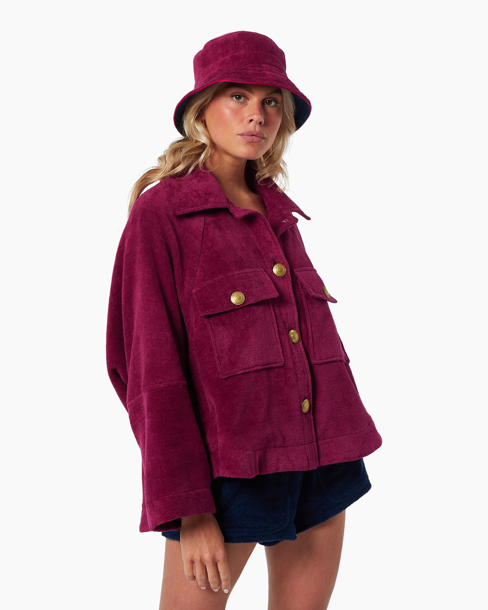 bucket hat, corduroy jacket, magenta, pocketed jacket, gold buttons