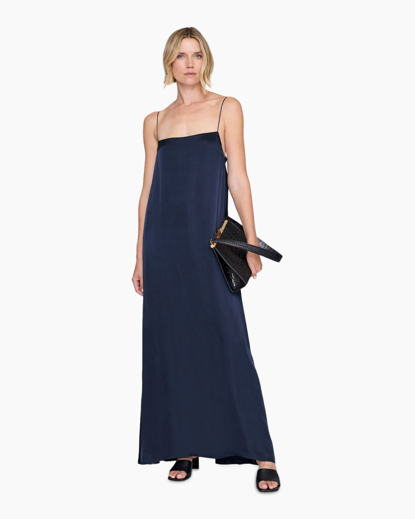 jurk, maxi jurk, slip jurk, marineblauw, spaghettibandjes