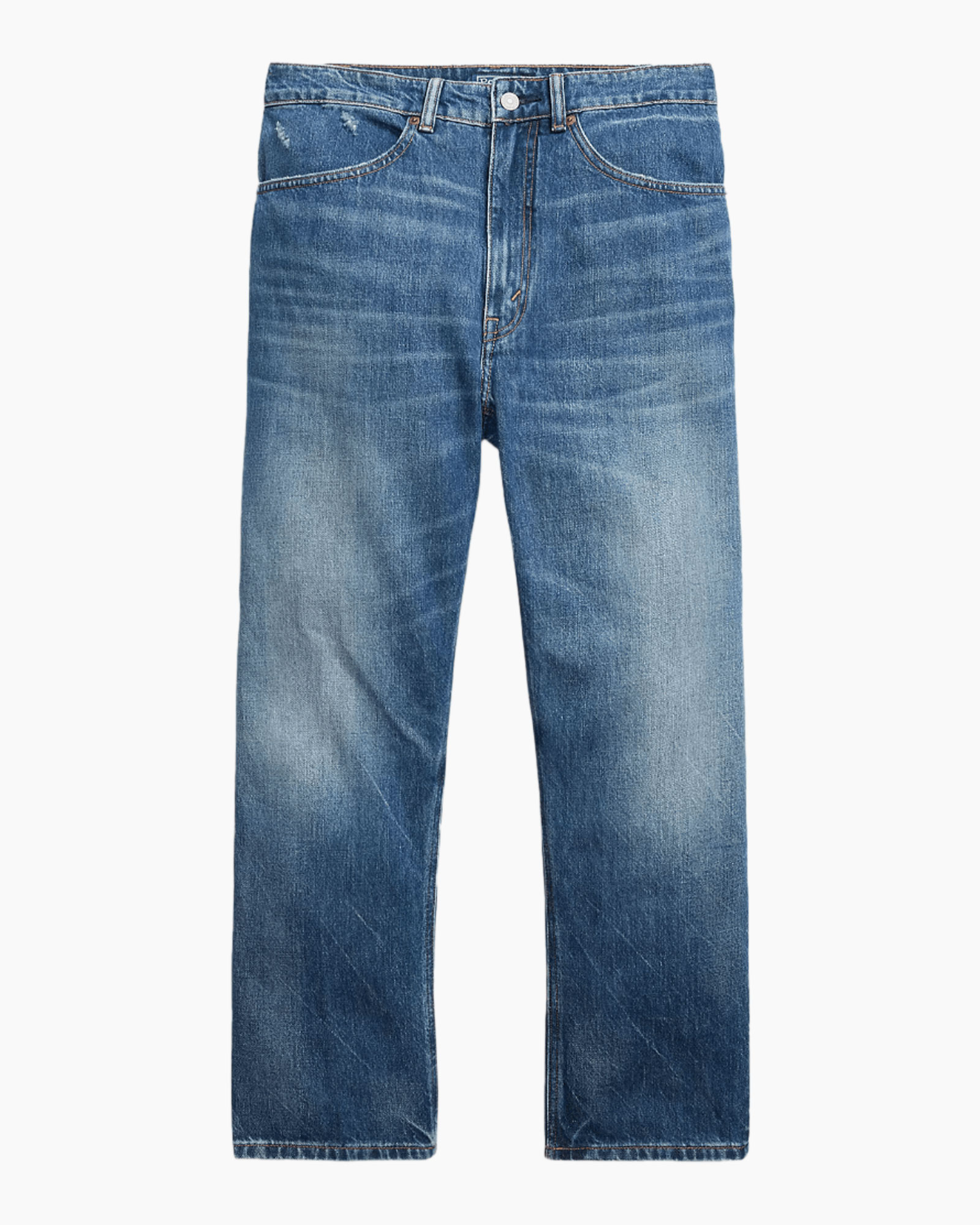 spijkerbroek, blauw denim, versleten, middelhoge taille, zakken