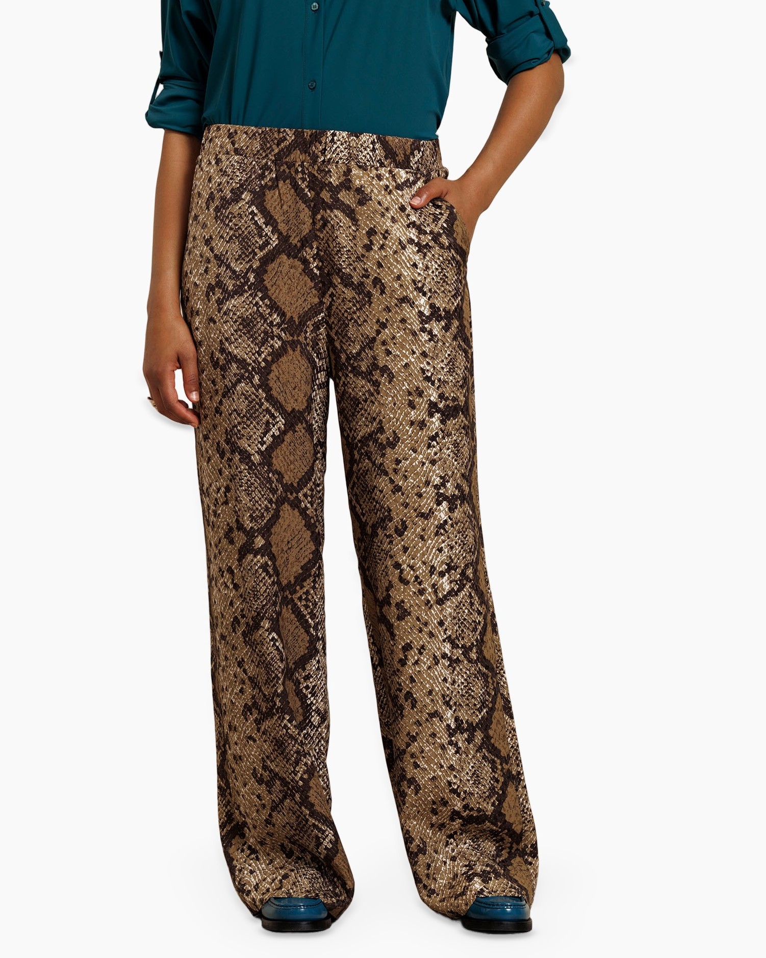 slangenprint, wijdedelige broek, bruin, broek, patroon stof