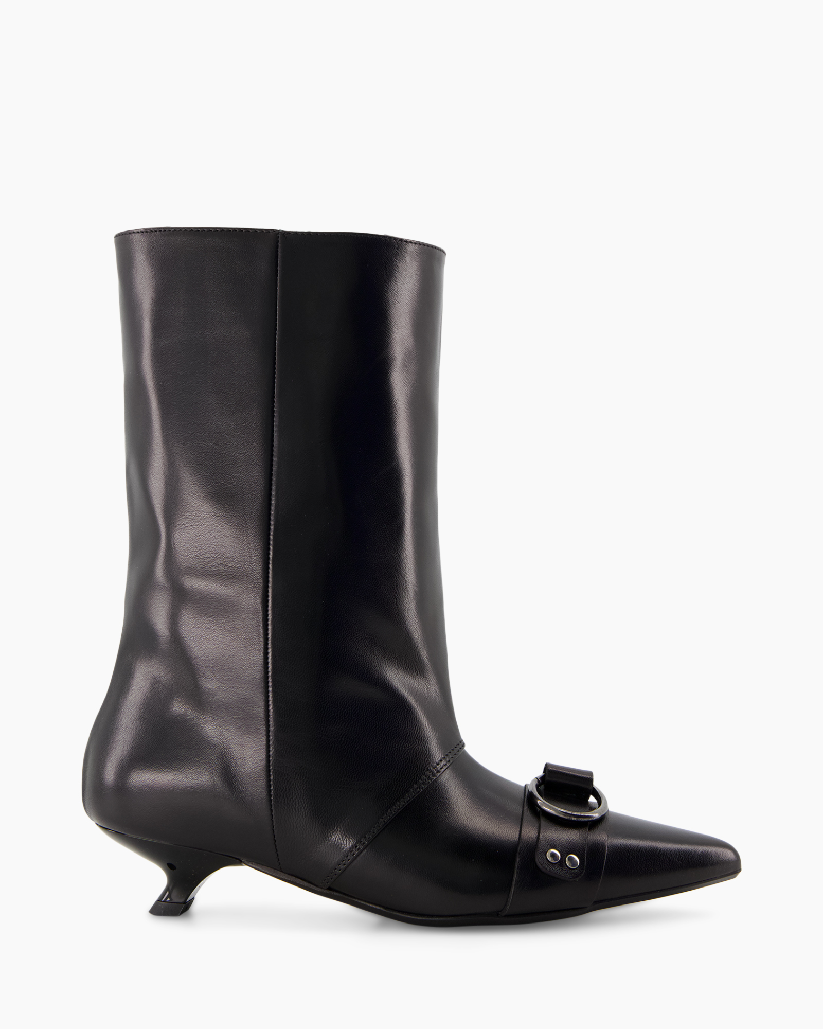 laars, mid-calf, zwart, leer, hiel