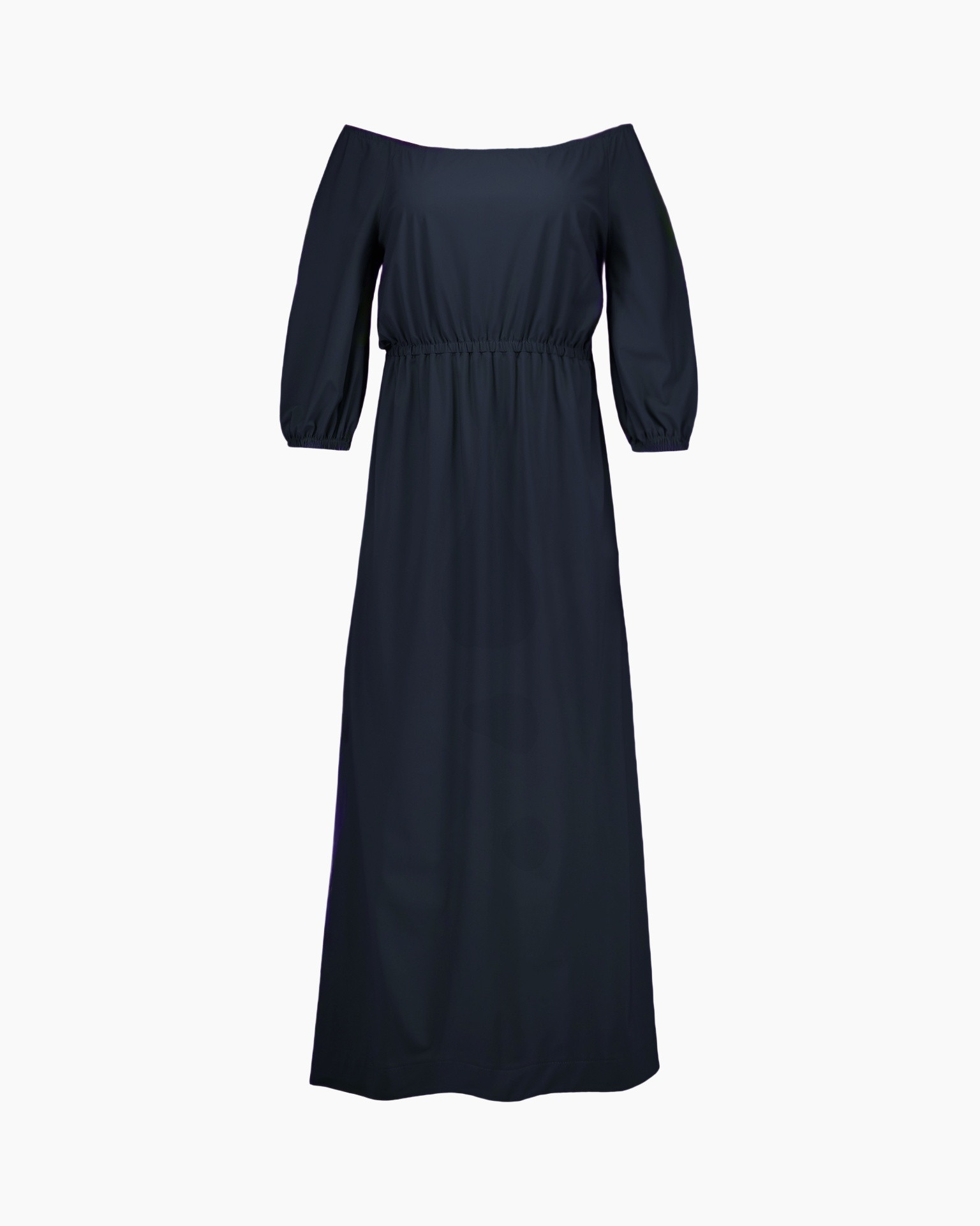 maxi dress, off-shoulder, long sleeve, navy, elastic waist