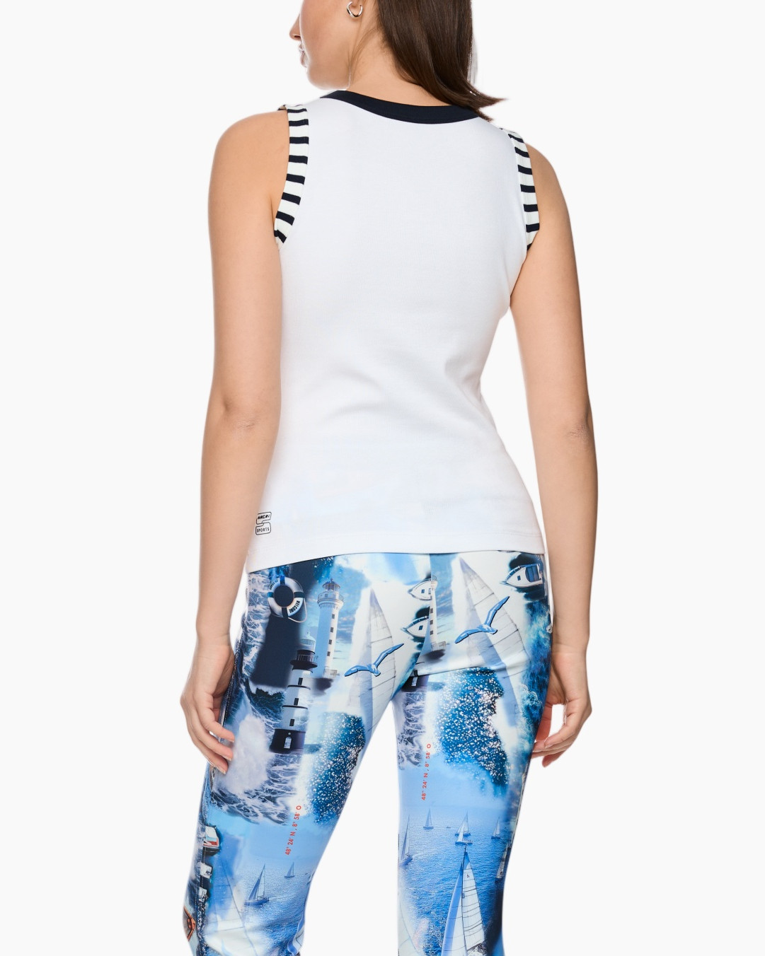 tank top, graphic print, striped straps, navy trim, white sleeveless