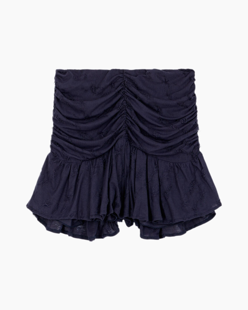 strapless, shorts, ruched, navy, ruffled