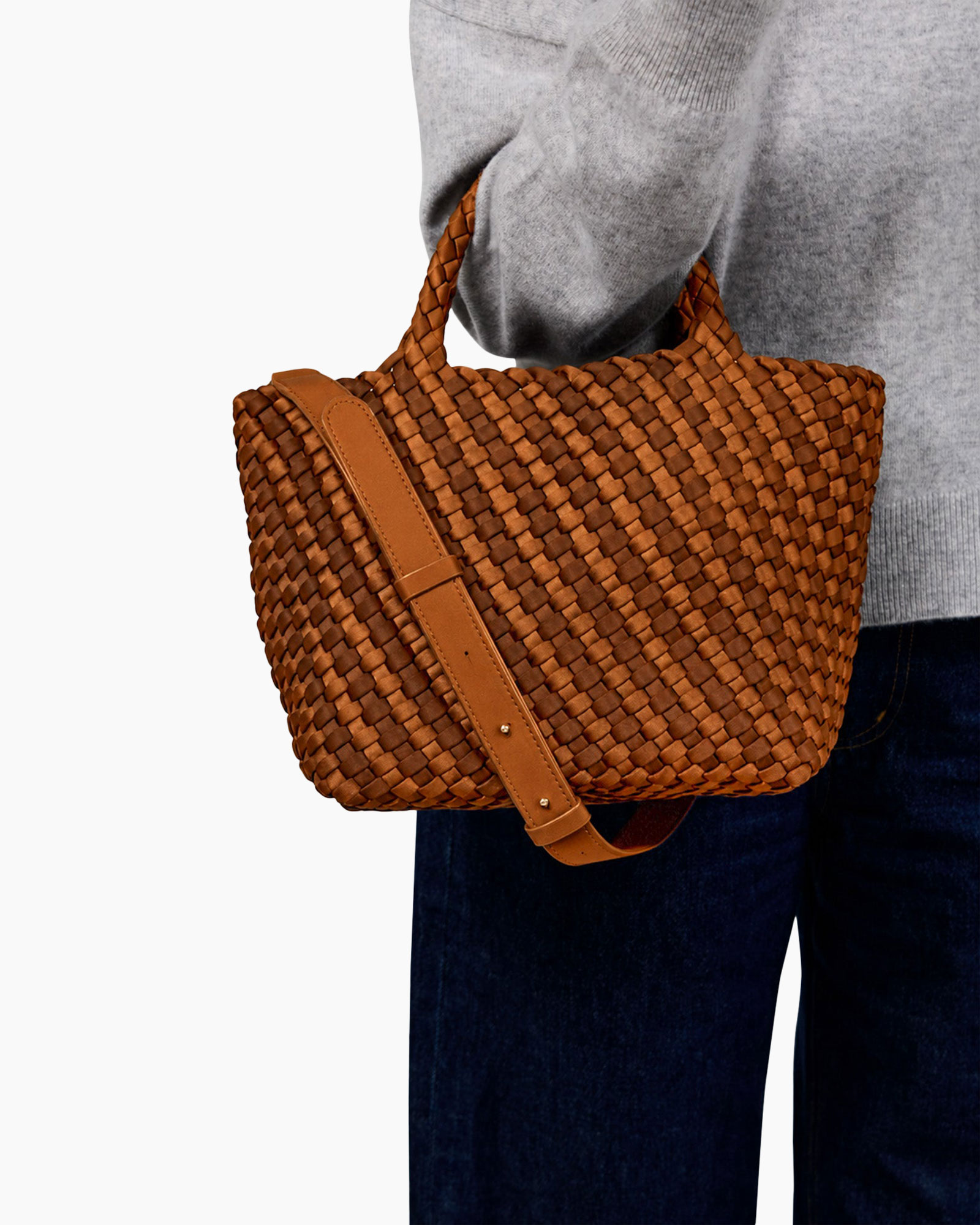 tas, handtas, geweven, bruin, schouderriem