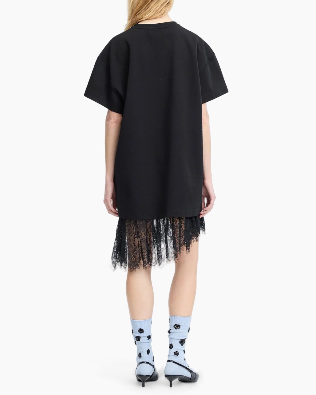Zwarte T-shirtjurk, Oversized pasvorm, Korte mouwen, Ronde hals, Kanten zoom