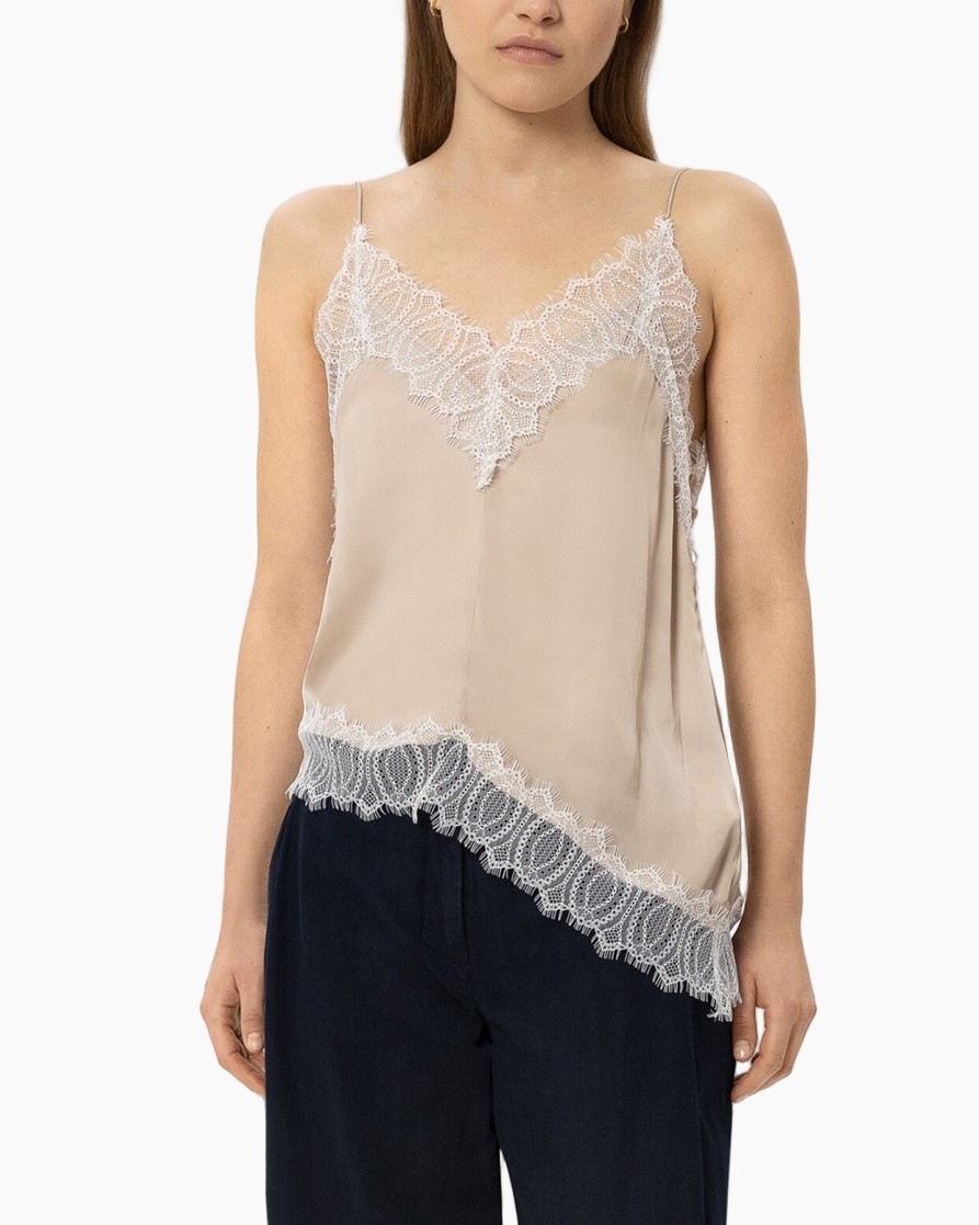 top zijde, beige camisole, kant afwerking, spaghettibandjes, asymmetrische zoom